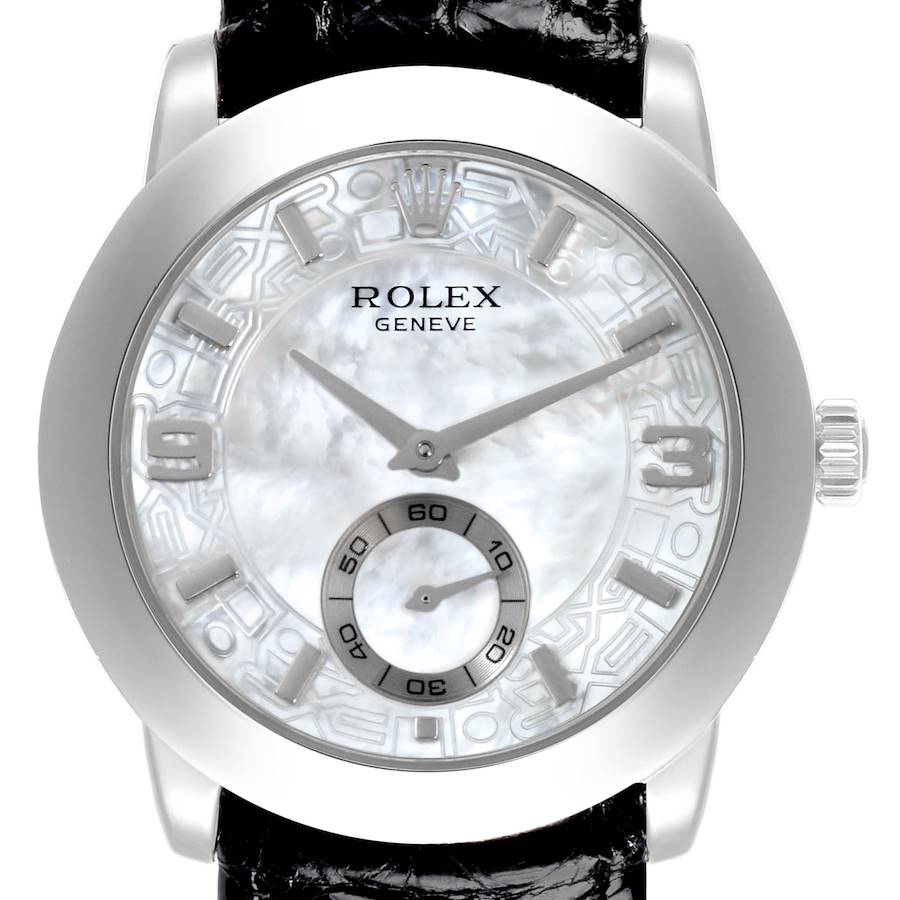 The image shows a front view of the Rolex Cellini watch, displaying its dial, hands, and crown.