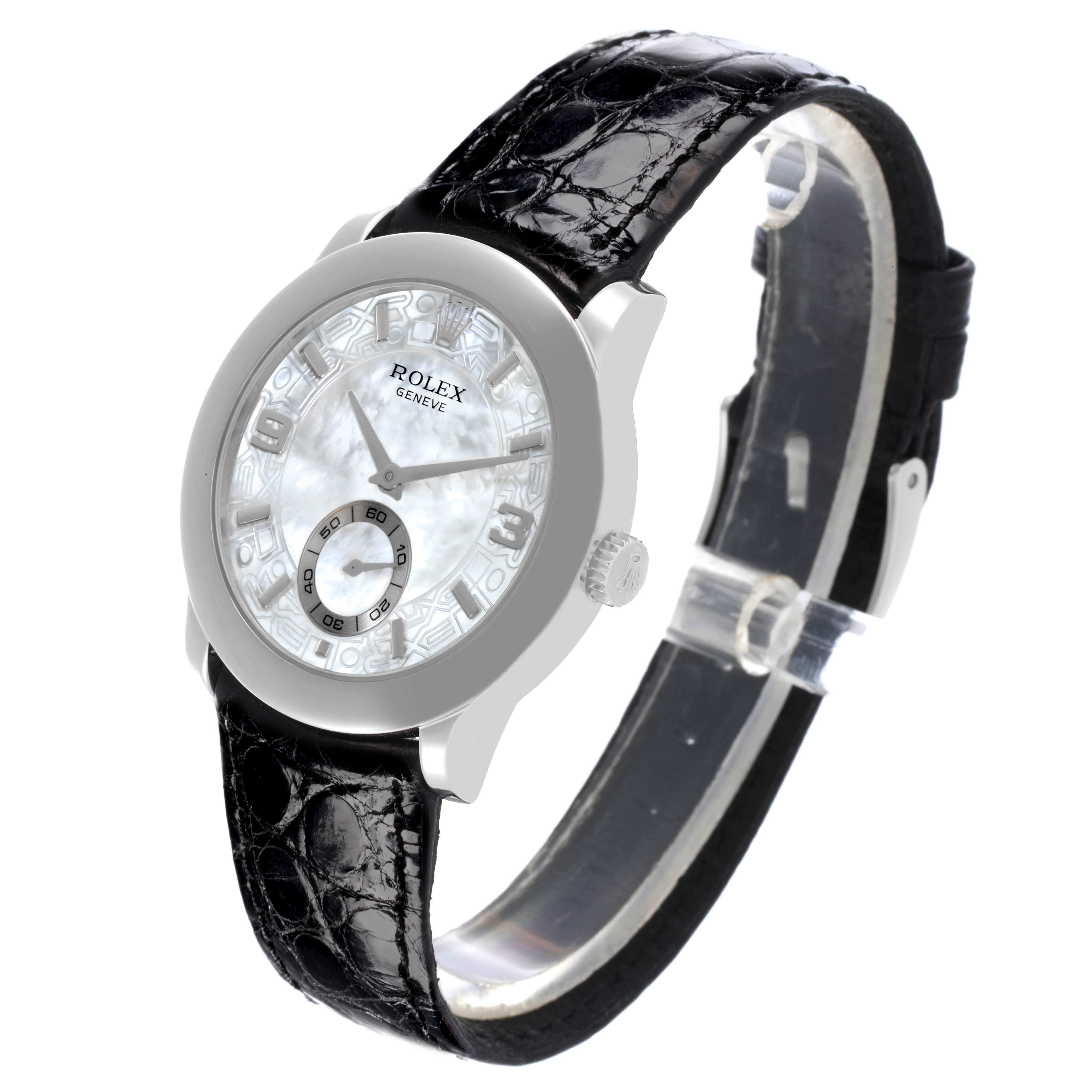 The Rolex Cellini 5240/6 Men's Platinum Mother of Pearl Dial 5240/6 Men's Platinum Mother of Pearl Dial watch is shown at a slight angle, displaying the face, bezel, crown, and black leather strap.