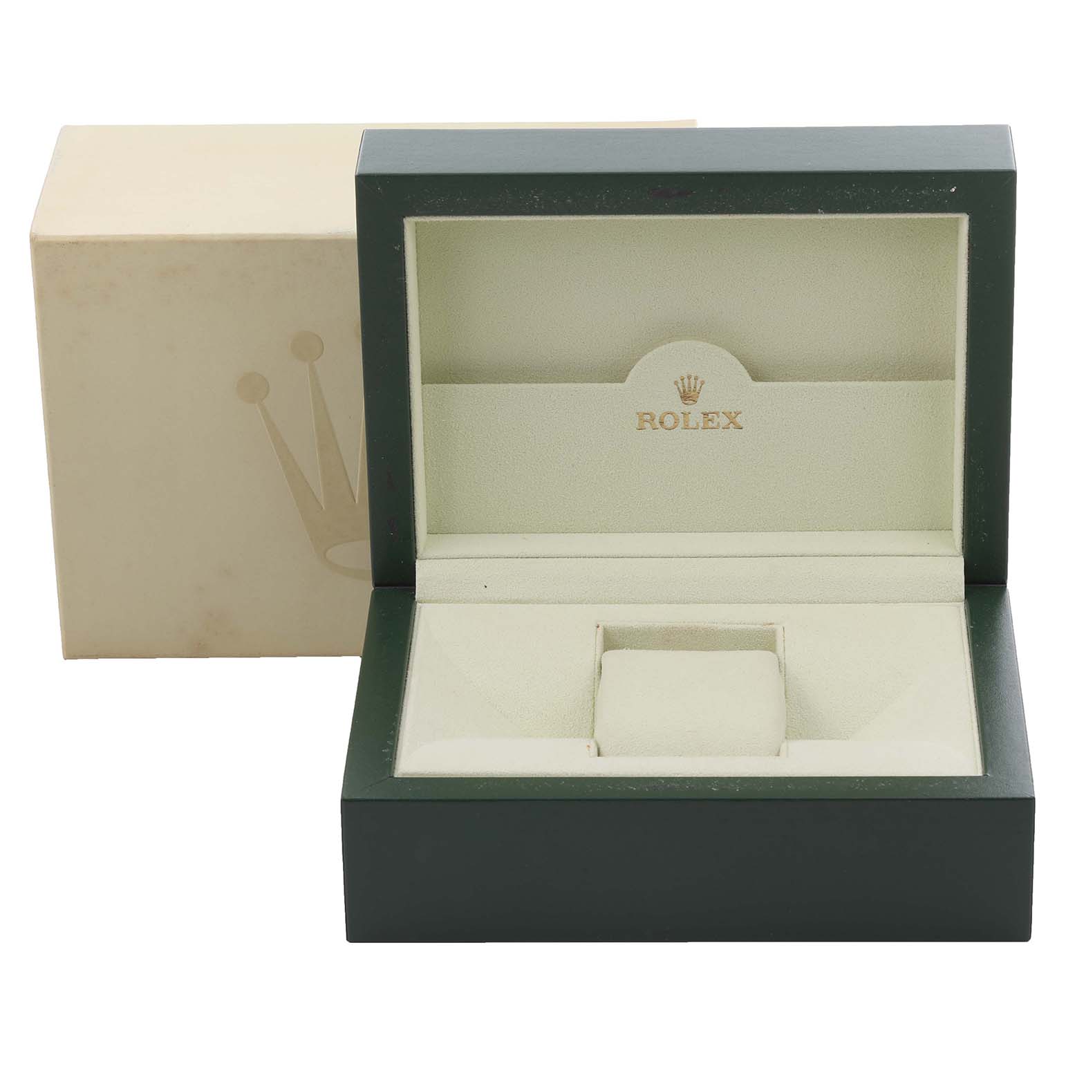 This image shows a Rolex Cellini 5240/6 Men's Platinum Mother of Pearl Dial 5240/6 Men's Platinum Mother of Pearl Dial watch box, open and empty, with its lid and inner cushion visible front-on.