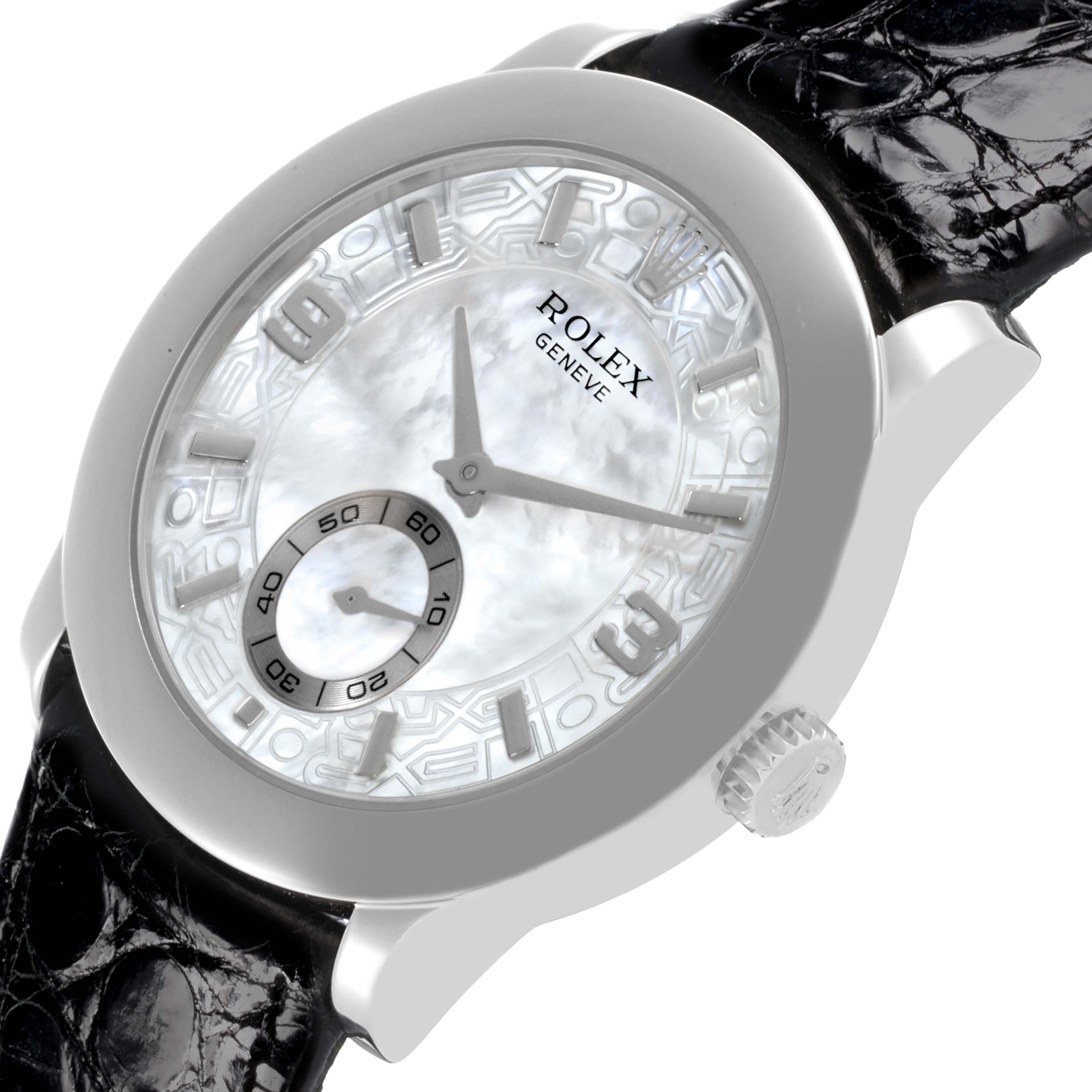 The Rolex Cellini 5240/6 Men's Platinum Mother of Pearl Dial 5240/6 Men's Platinum Mother of Pearl Dial watch is shown at a slight angle, displaying its face, crown, and part of the black leather strap.