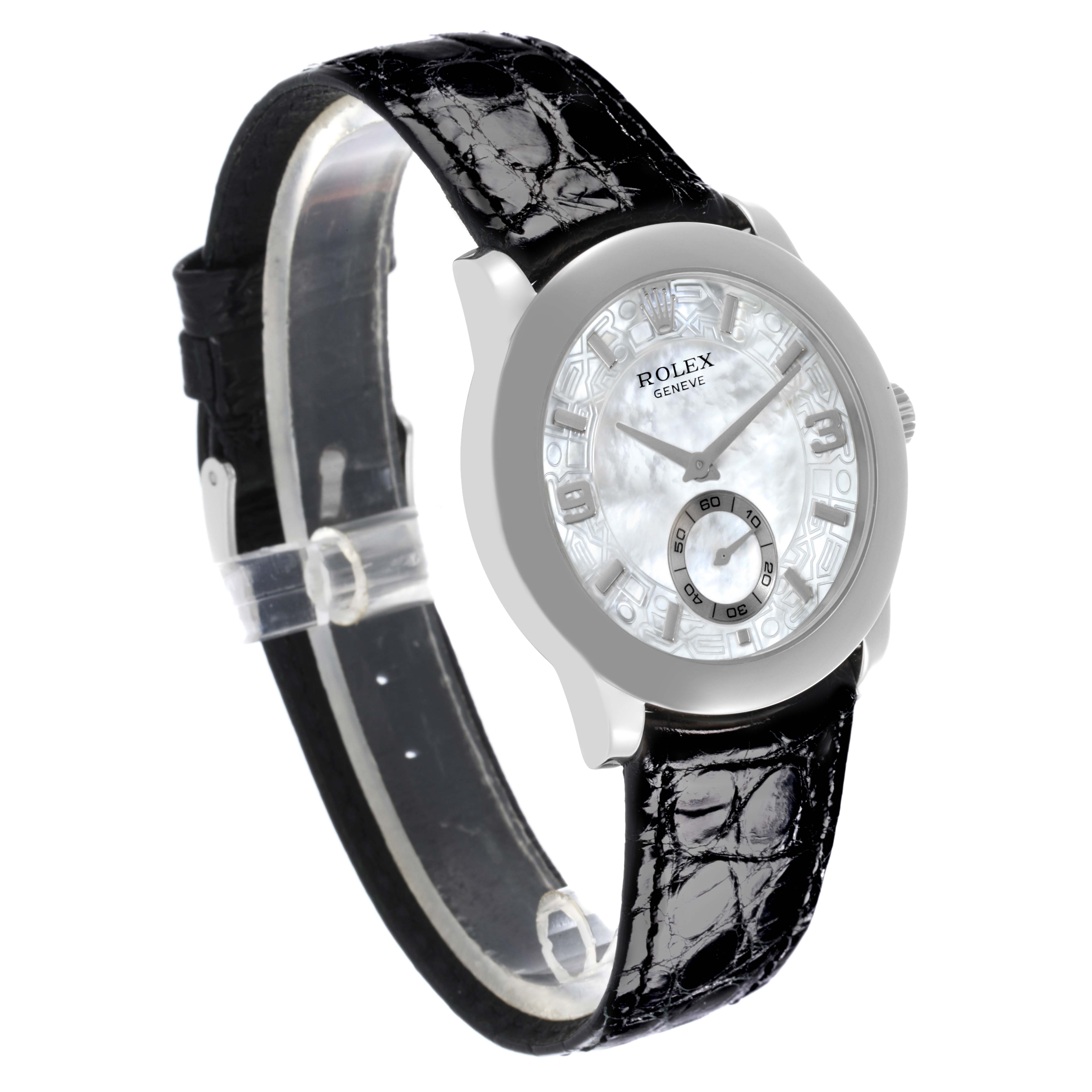 The Rolex Cellini 5240/6 Men's Platinum Mother of Pearl Dial 5240/6 Men's Platinum Mother of Pearl Dial watch is shown at a slight angle displaying the face, bezel, and black leather strap.