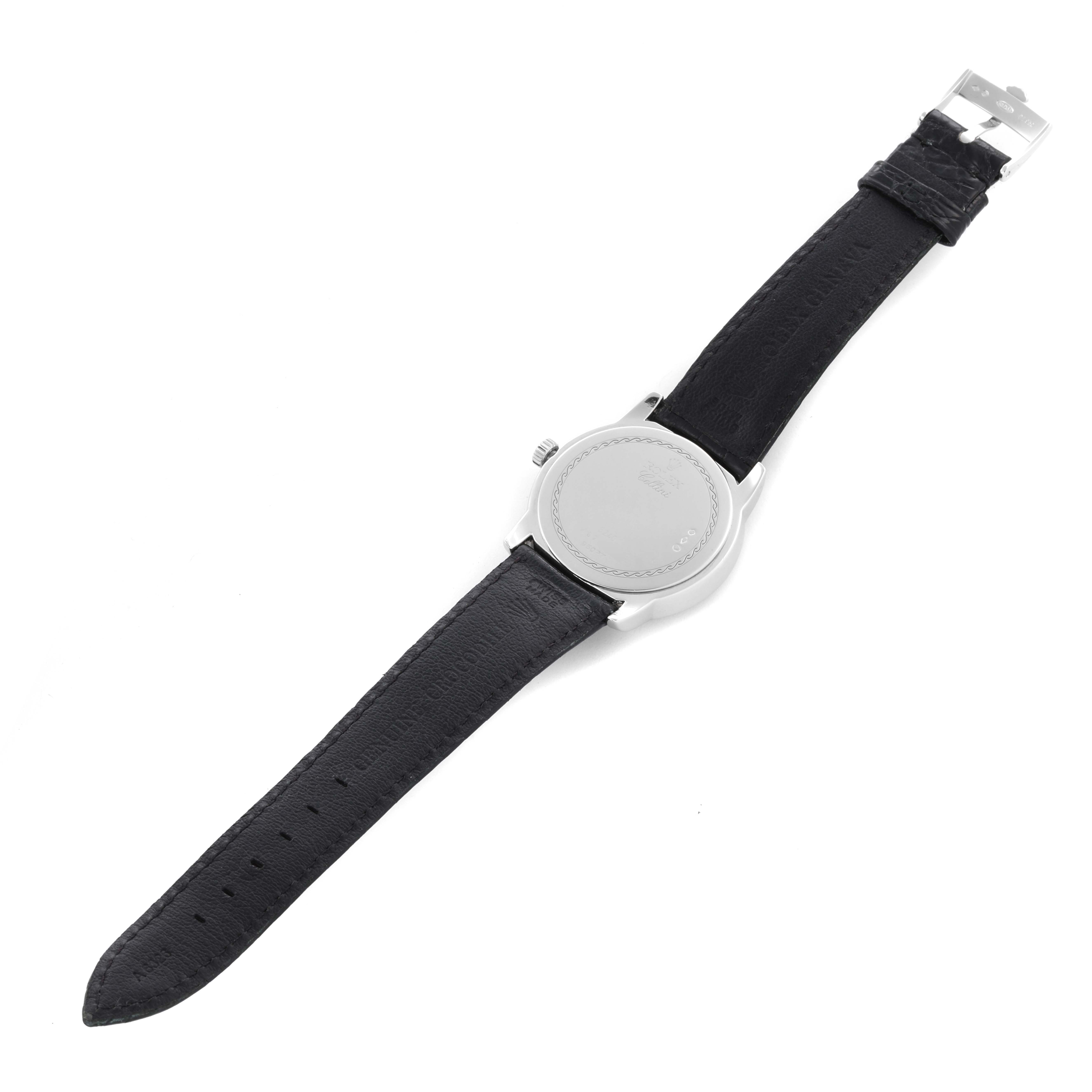 The Rolex Cellini 5240/6 Men's Platinum Mother of Pearl Dial 5240/6 Men's Platinum Mother of Pearl Dial watch is shown from the back, displaying the case back, crown, and leather strap fully extended.