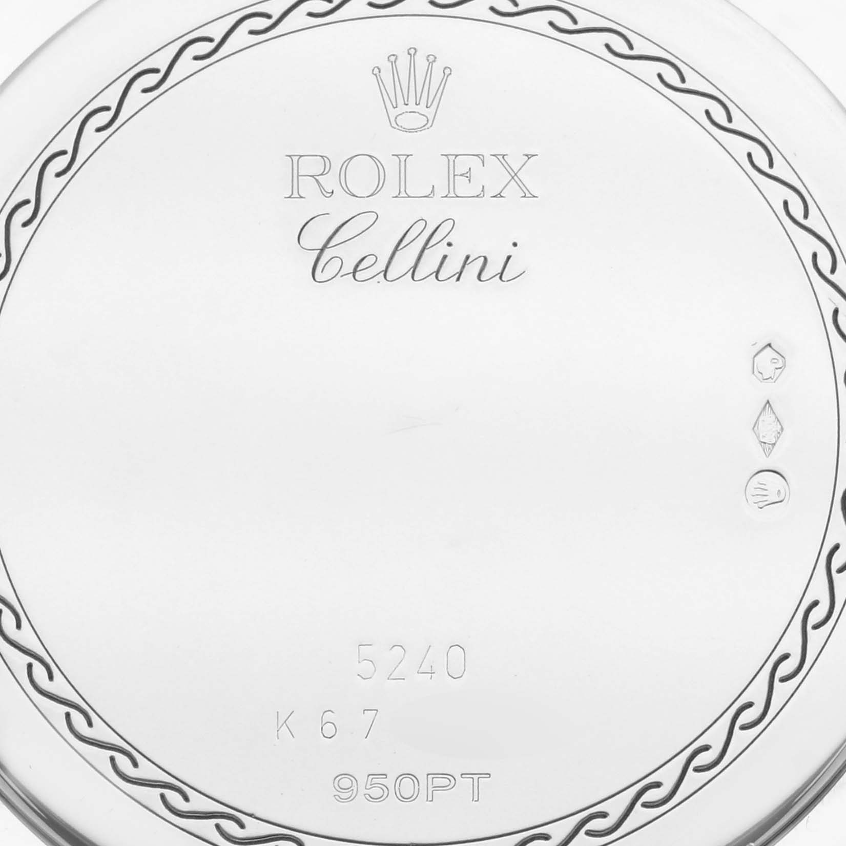 The image shows the back case of the Rolex Cellini 5240/6 Men's Platinum Mother of Pearl Dial 5240/6 Men's Platinum Mother of Pearl Dial, featuring branding and model details.