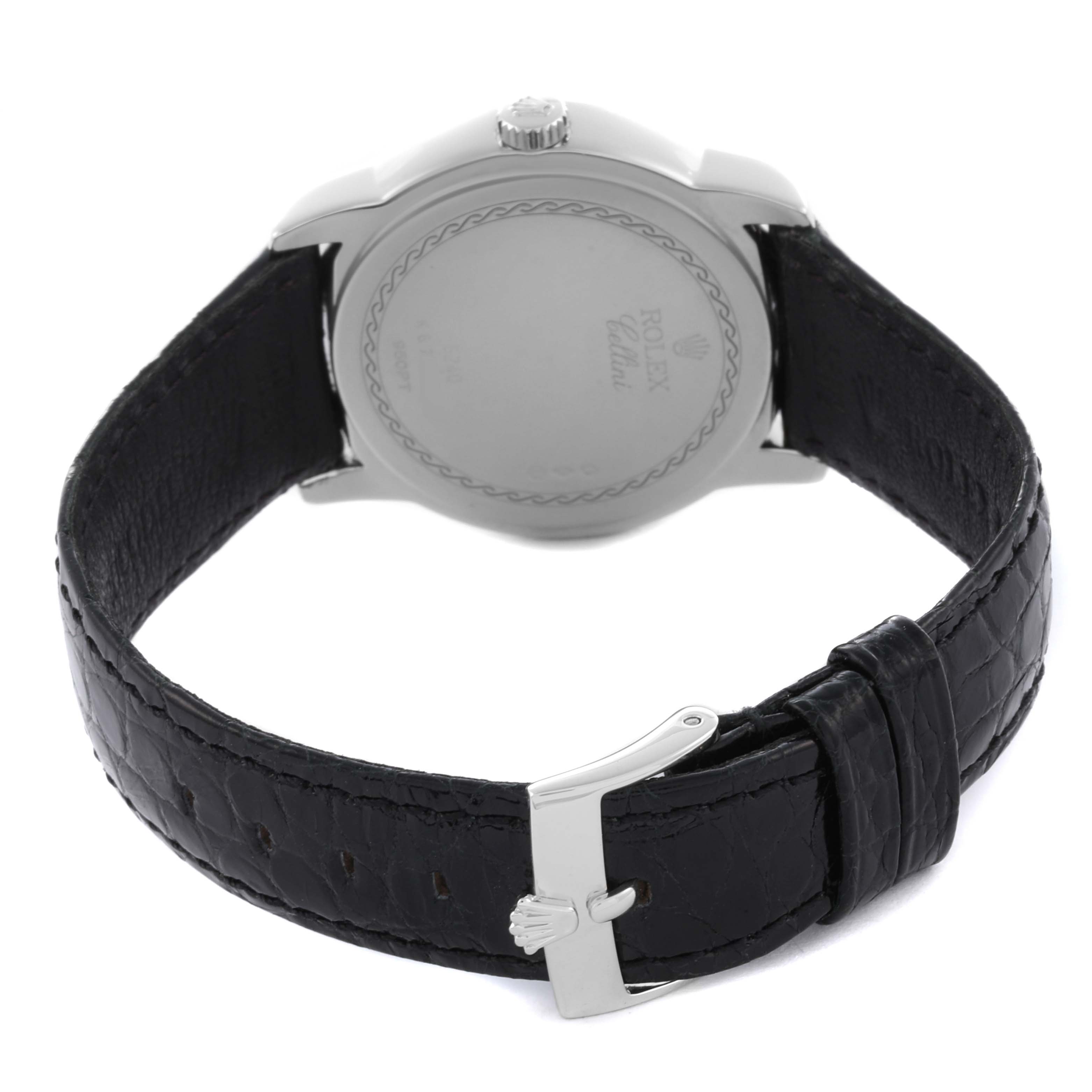 The Rolex Cellini 5240/6 Men's Platinum Mother of Pearl Dial 5240/6 Men's Platinum Mother of Pearl Dial watch is shown from the back, highlighting the back case and leather strap with the clasp.