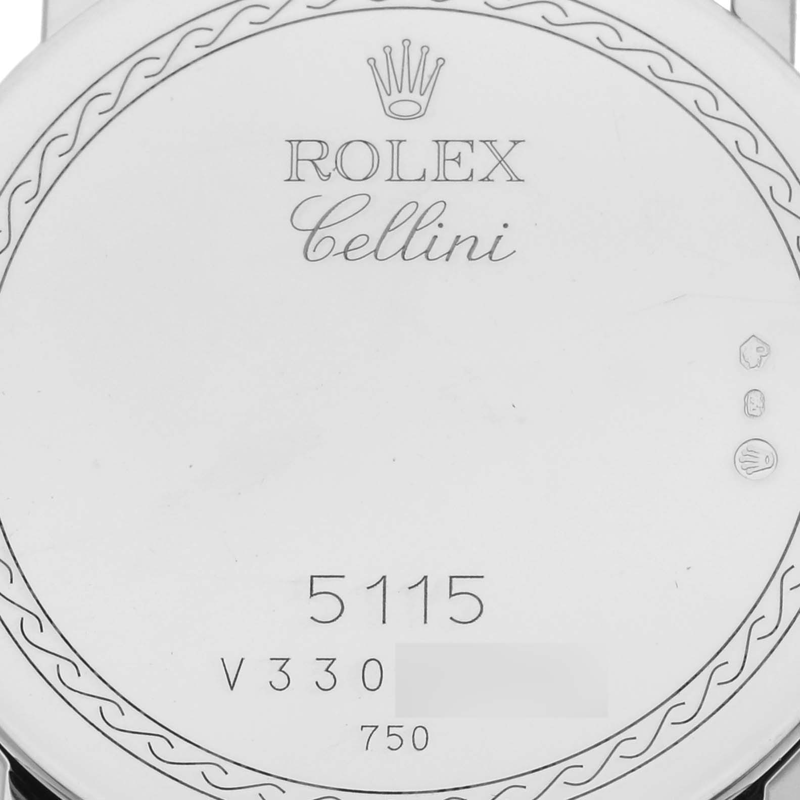 The image shows the back case of a Rolex Cellini 5115/9 Men's White Gold White Dial 5115/9 Men's White Gold White Dial watch, displaying model details and branding.