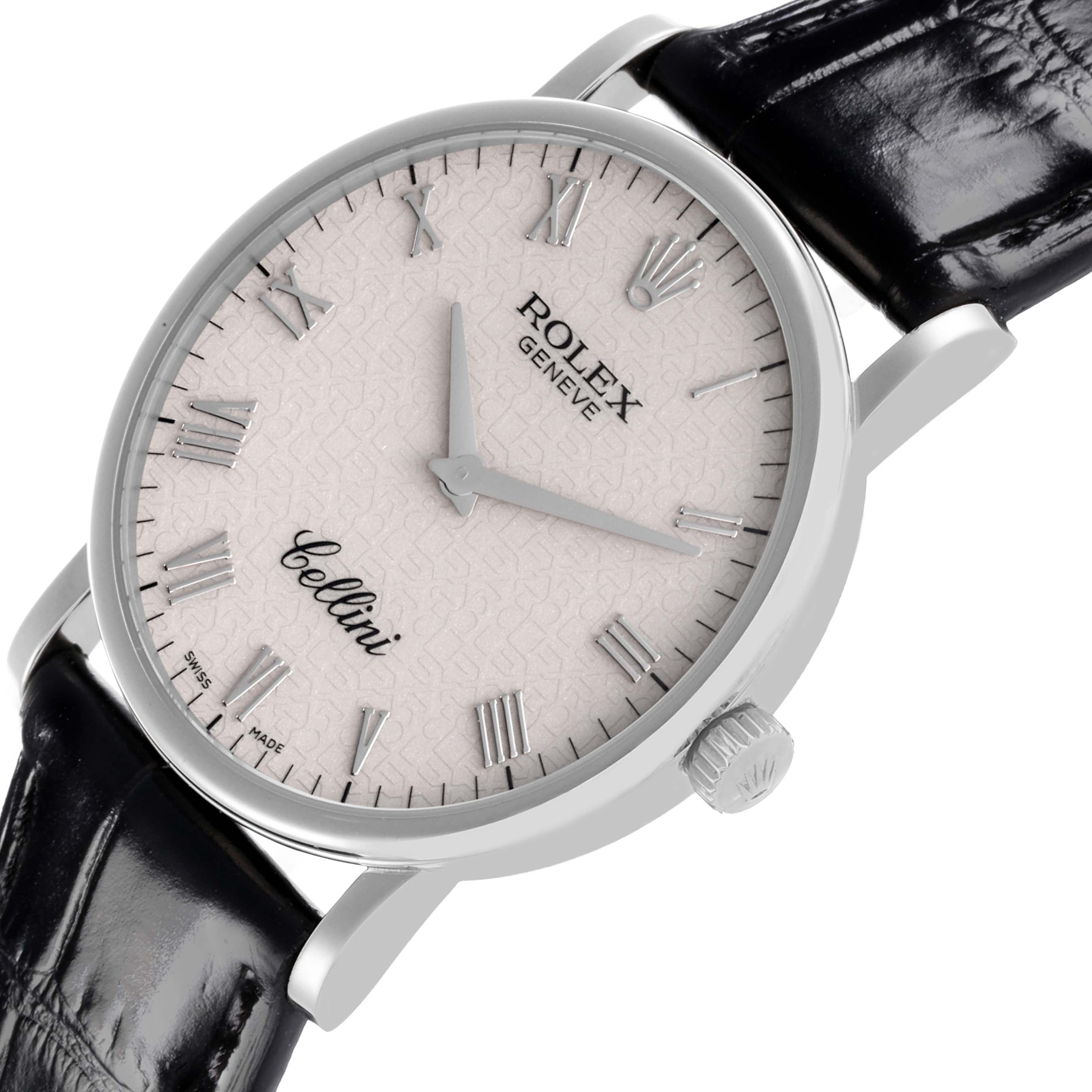 This Rolex Cellini 5115/9 Men's White Gold White Dial 5115/9 Men's White Gold White Dial watch is shown at an angled side view featuring the dial, bezel, crown, and leather strap.