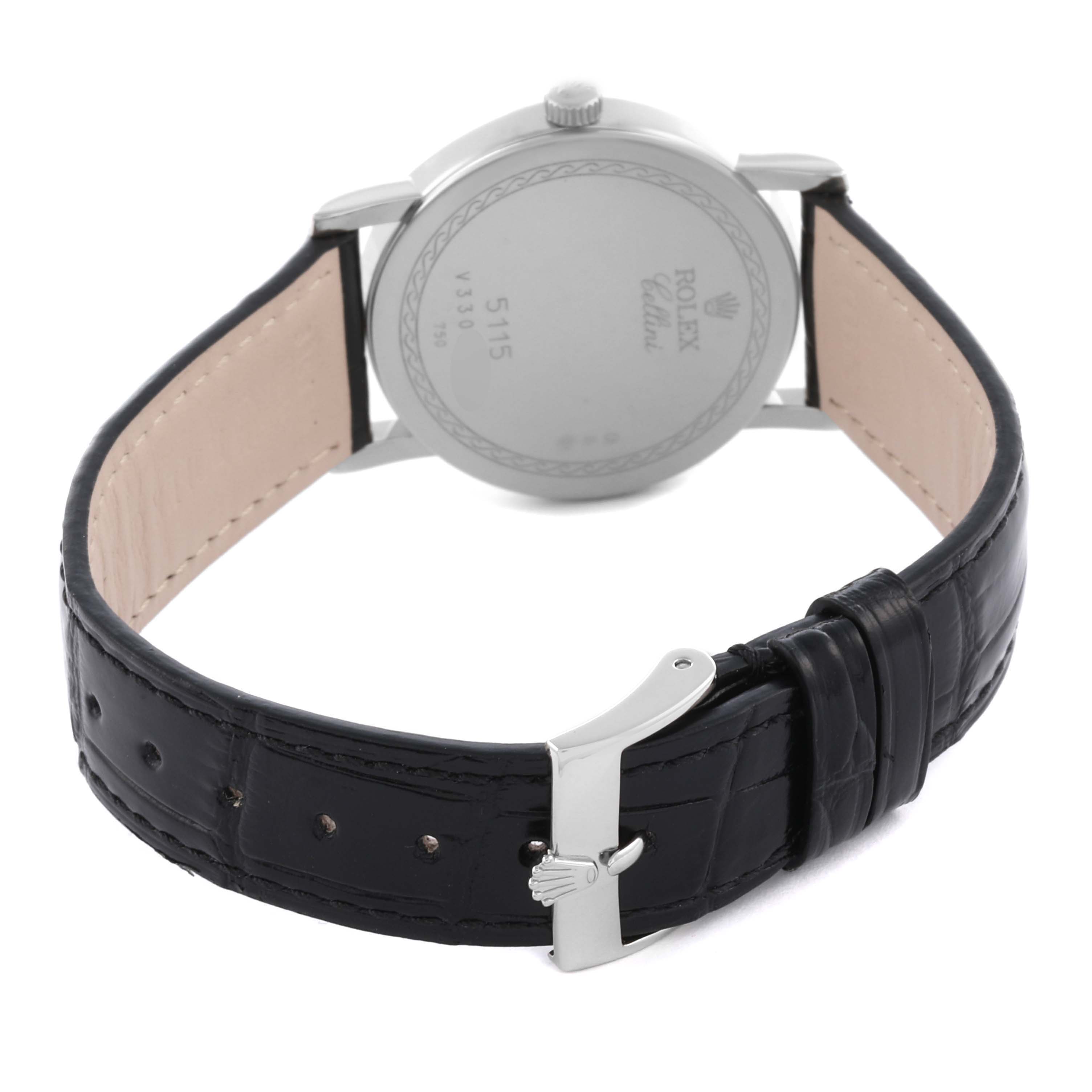 The image shows the back and side of a Rolex Cellini 5115/9 Men's White Gold White Dial 5115/9 Men's White Gold White Dial watch, highlighting the back case and leather strap with a clasp.