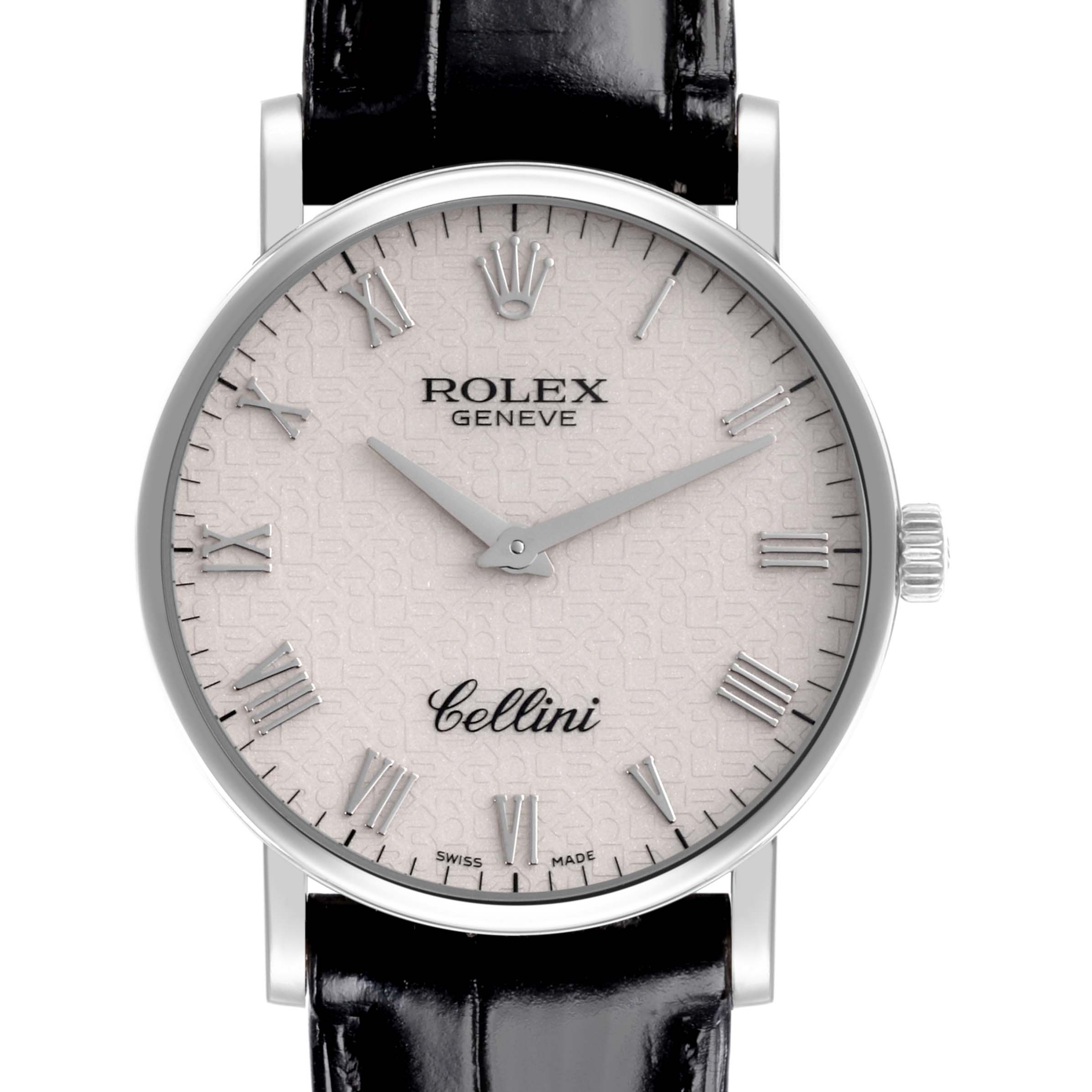 The Rolex Cellini 5115/9 Men's White Gold White Dial 5115/9 Men's White Gold White Dial watch is shown from a front angle, displaying its face, dial, hour markers, and leather strap.