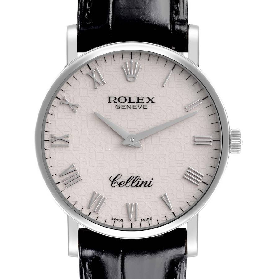 The Rolex Cellini watch is shown from a front angle, displaying its face, dial, hour markers, and leather strap.