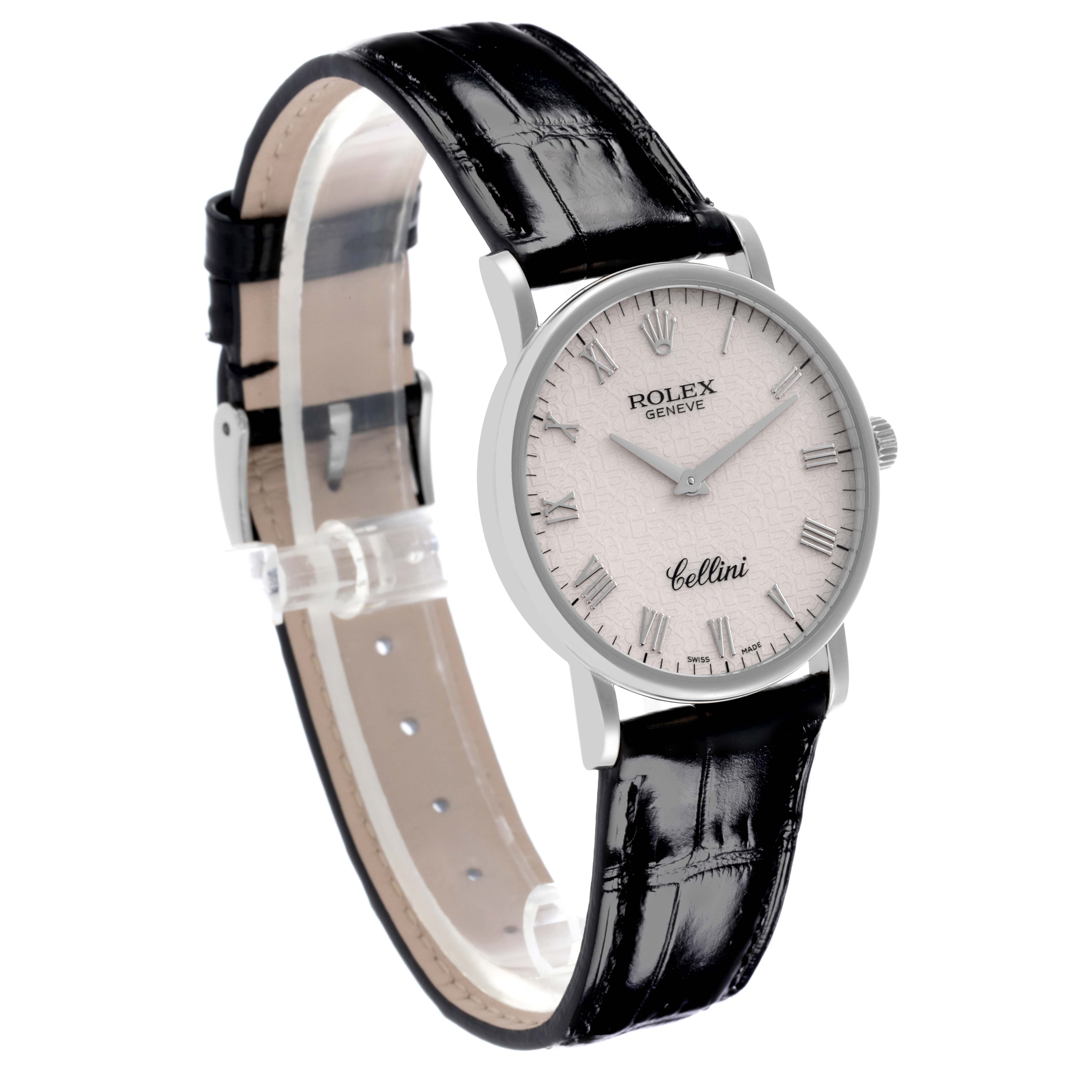 The Rolex Cellini 5115/9 Men's White Gold White Dial 5115/9 Men's White Gold White Dial watch is shown at a three-quarter angle, highlighting the face, strap, and case details.
