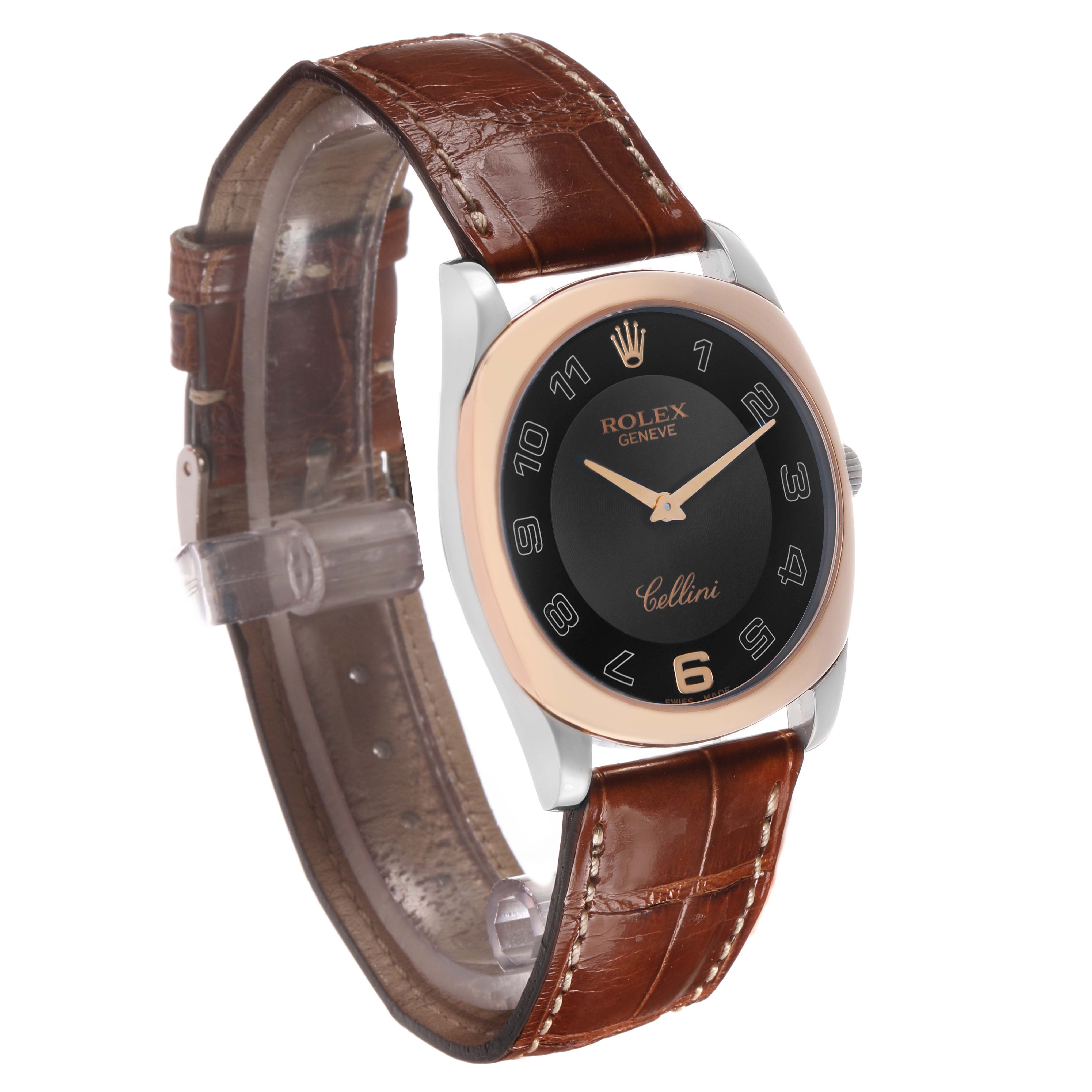 The Rolex Cellini 4233 Men's White Gold Black Dial watch is shown at a three-quarter angle, displaying the face, case, and leather strap.