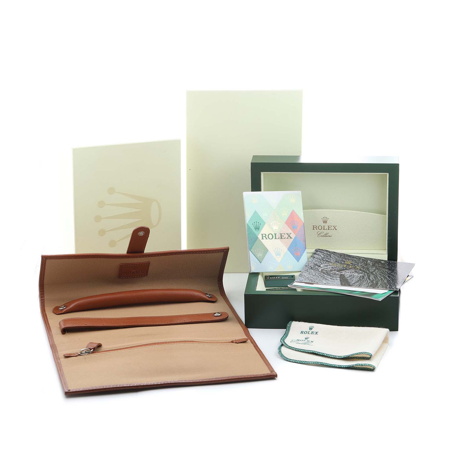 The image shows a Rolex Cellini 4233 Men's White Gold Black Dial watch box and accessories, including a leather pouch, manuals, and cleaning cloths.