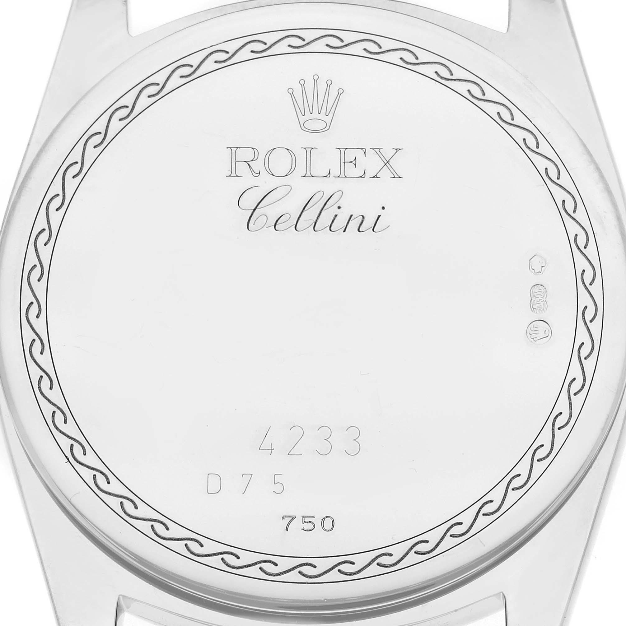 The image shows the back case of a Rolex Cellini 4233 Men's White Gold Black Dial watch with engravings and decorative border.