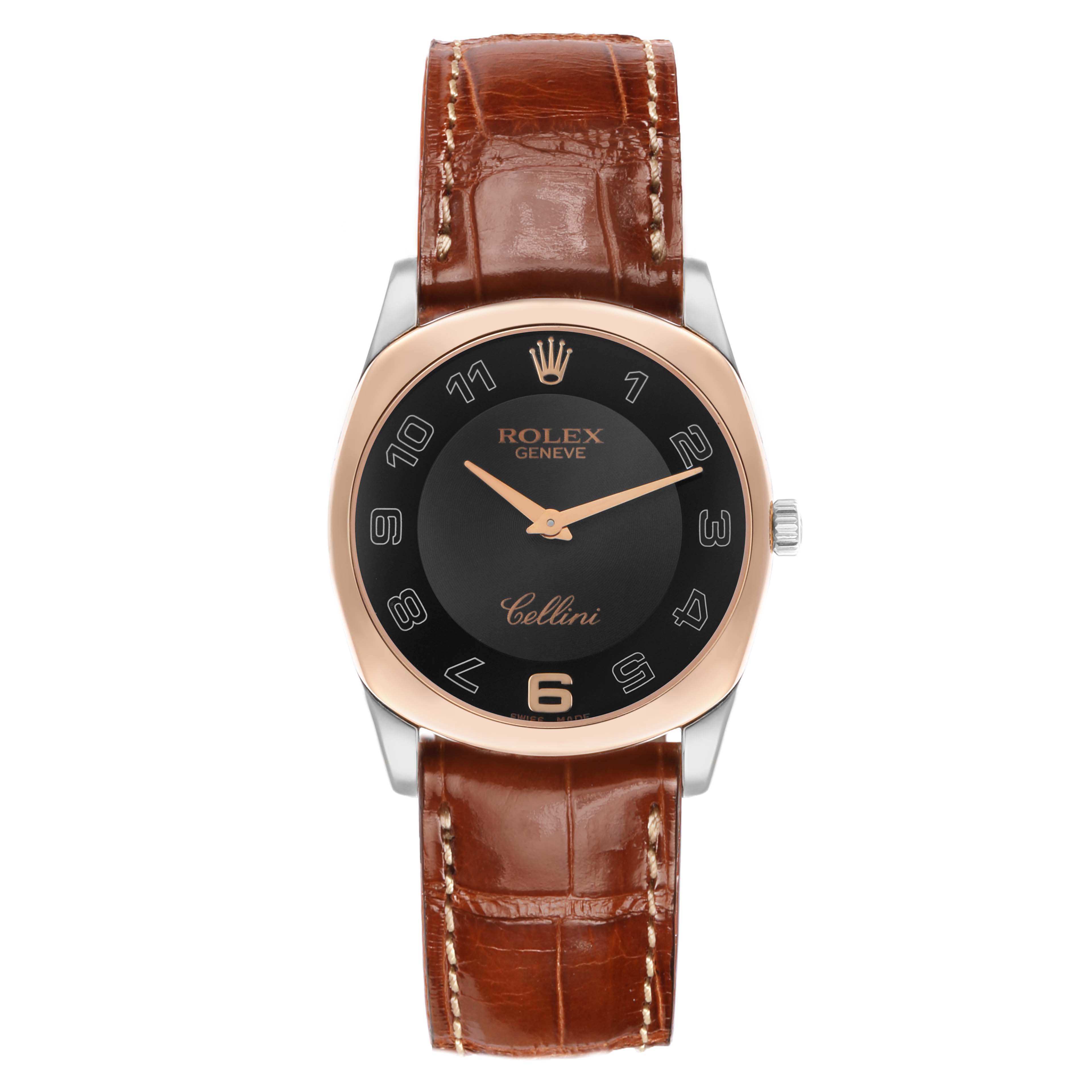 The image shows a Rolex Cellini 4233 Men's White Gold Black Dial watch from a top-down angle, highlighting the dial, bezel, and leather strap.