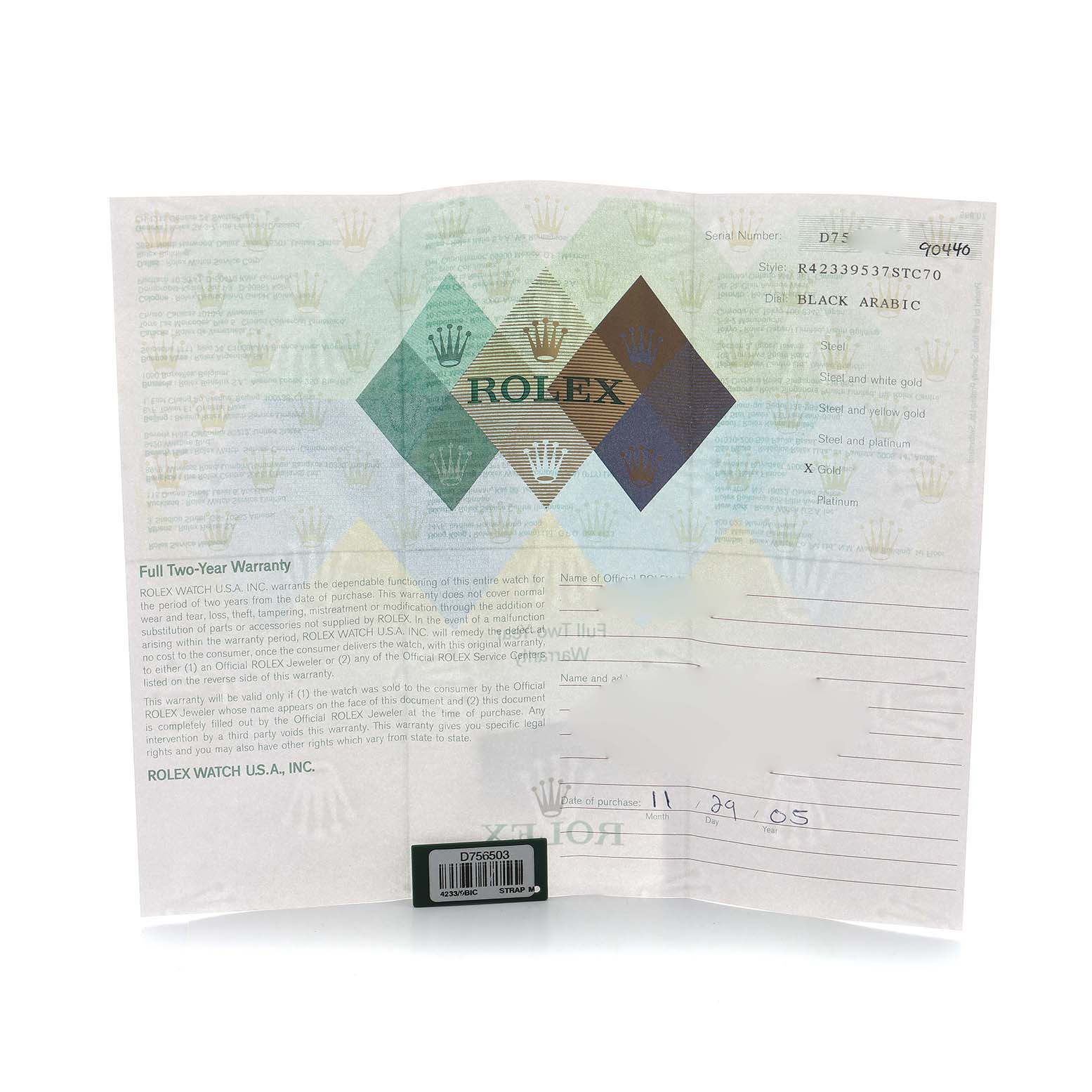 The image shows a warranty card for the Rolex Cellini 4233 Men's White Gold Black Dial model, displaying text and a holographic Rolex emblem.