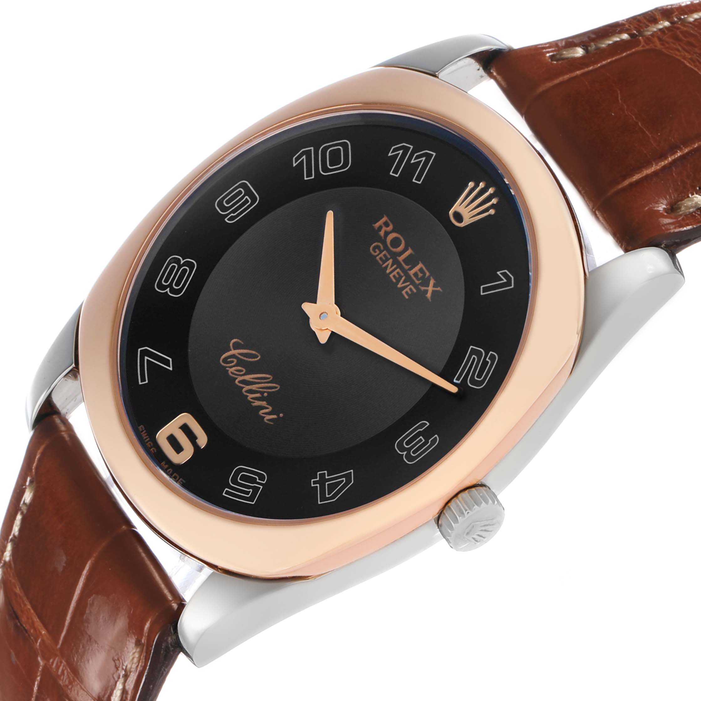 The Rolex Cellini 4233 Men's White Gold Black Dial watch is shown at a slight angle, highlighting the dial, crown, and part of the brown leather strap.