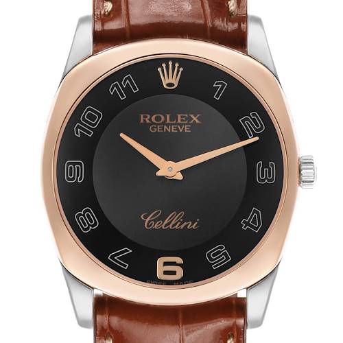 The Rolex Cellini 4233 Men's White Gold Black Dial watch is shown from the front, displaying the face, dial, and partially visible crown and strap.