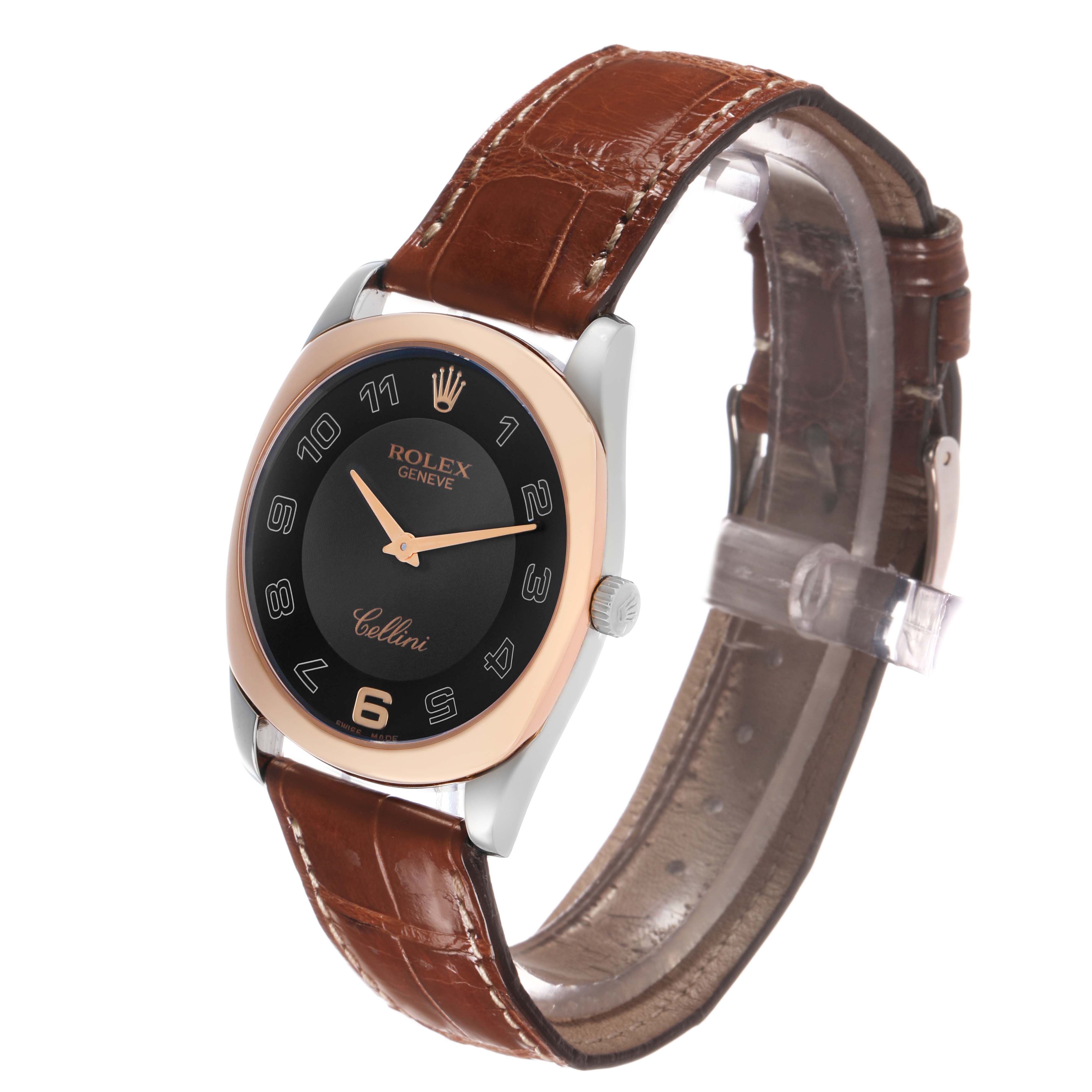 The Rolex Cellini 4233 Men's White Gold Black Dial watch is shown at a three-quarter angle, displaying its face, crown, and brown leather strap.