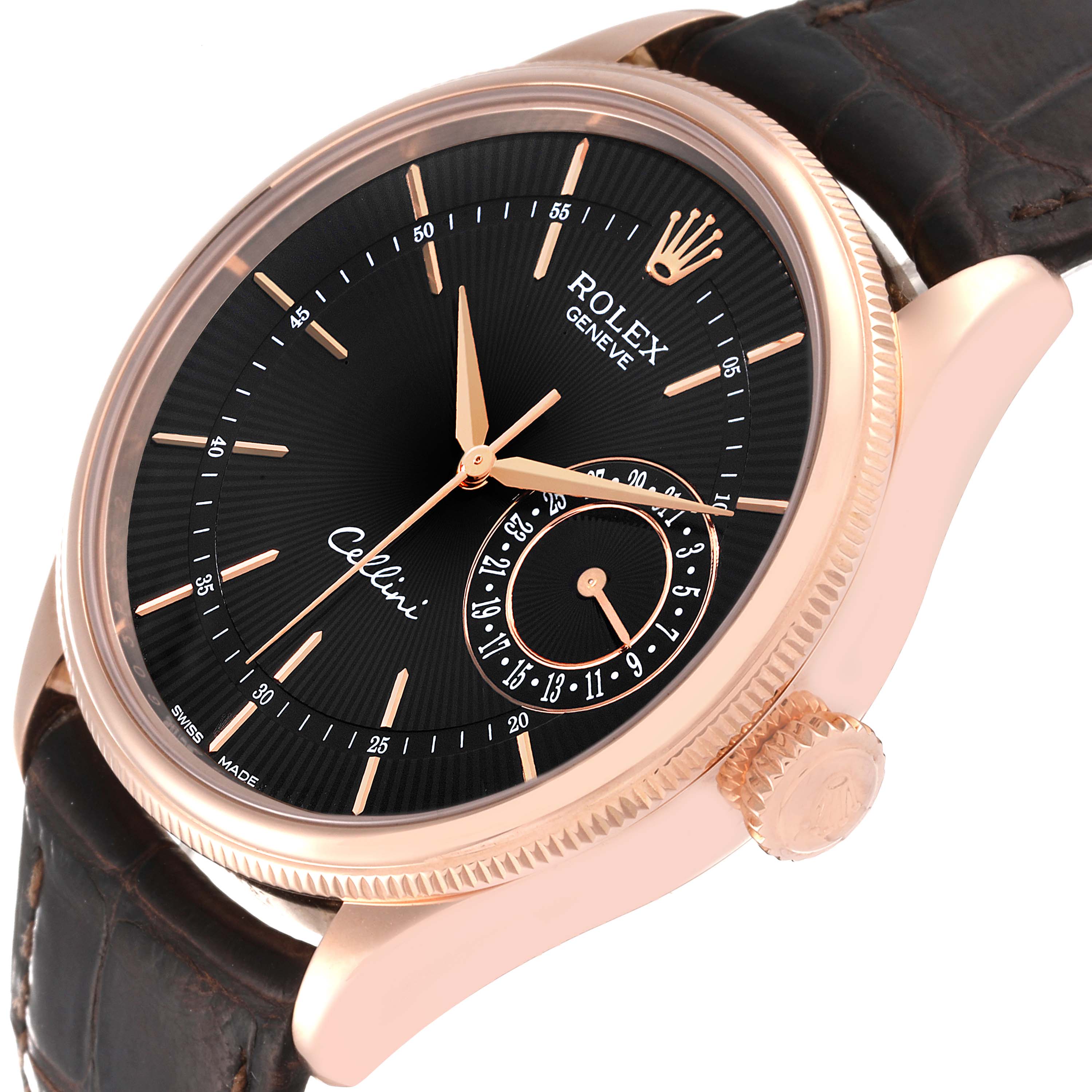 The Rolex Cellini 50515 Men's Rose Gold Black Dial 50515 Men's Rose Gold Black Dial watch is displayed at a slight angle, featuring its black dial, rose gold hands, date subdial, and brown leather strap.