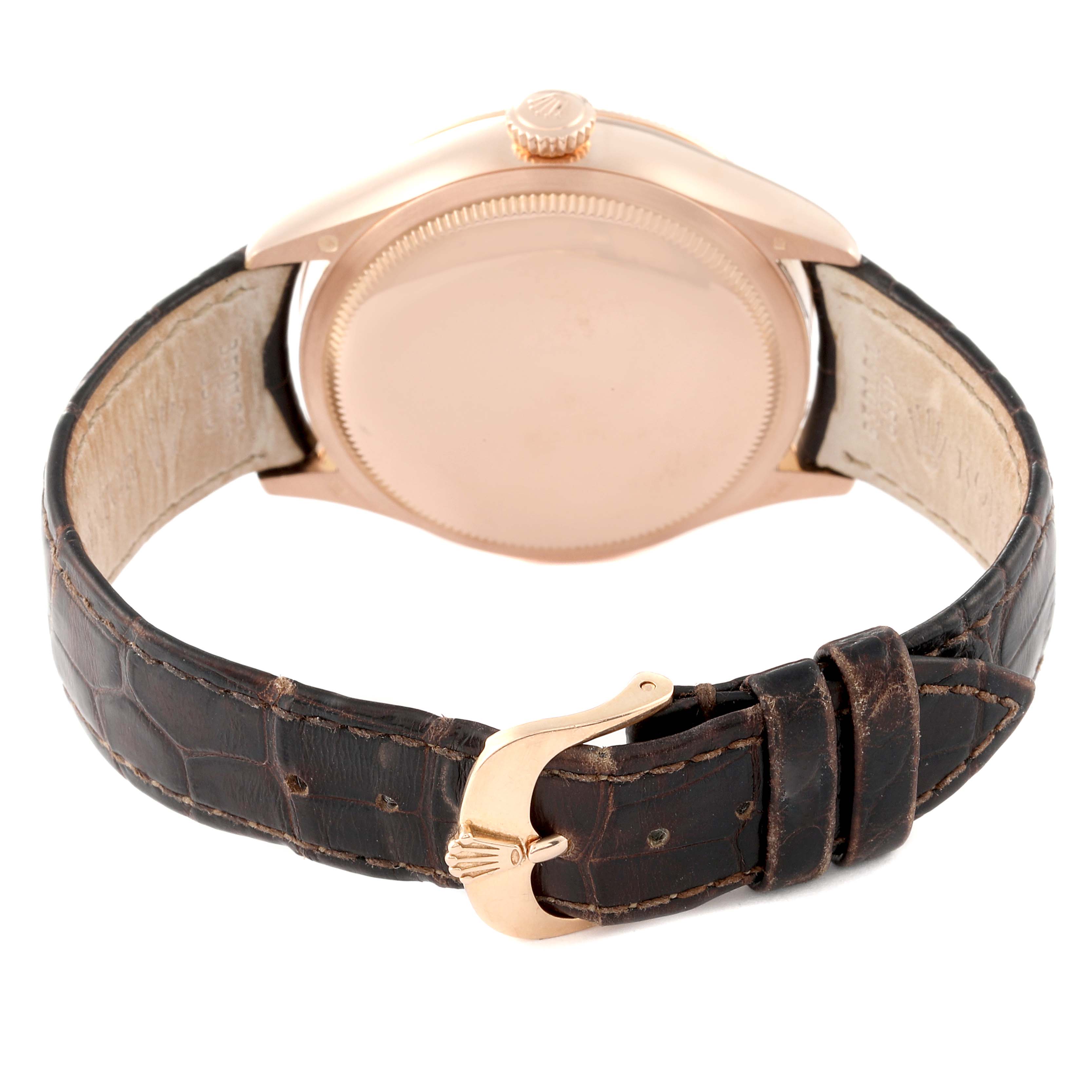 The image shows the back view of a Rolex Cellini 50515 Men's Rose Gold Black Dial 50515 Men's Rose Gold Black Dial model watch, highlighting the case and the leather strap with the buckle.