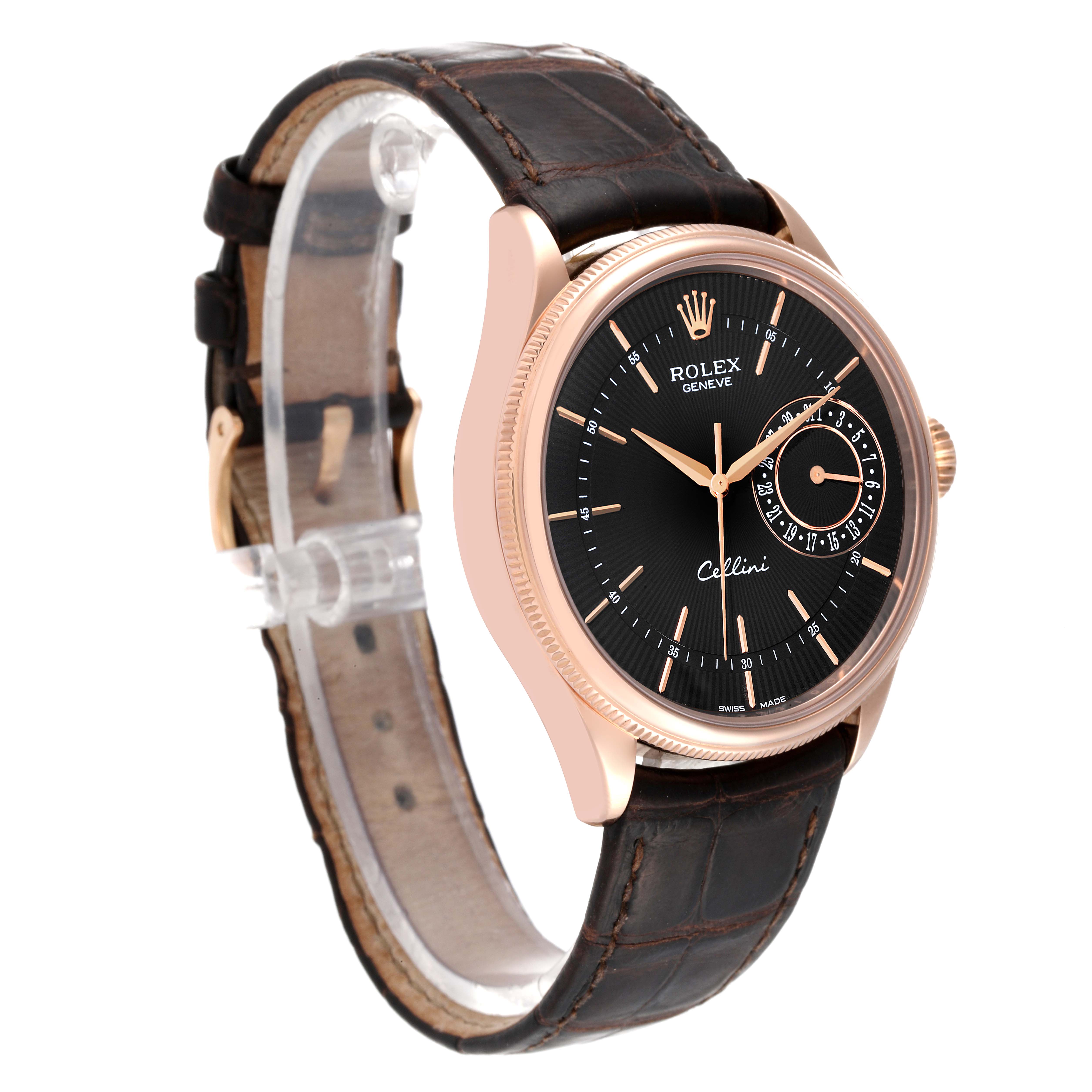 The image shows a Rolex Cellini 50515 Men's Rose Gold Black Dial 50515 Men's Rose Gold Black Dial watch at a three-quarter angle, highlighting the black dial, leather strap, and rose gold case.