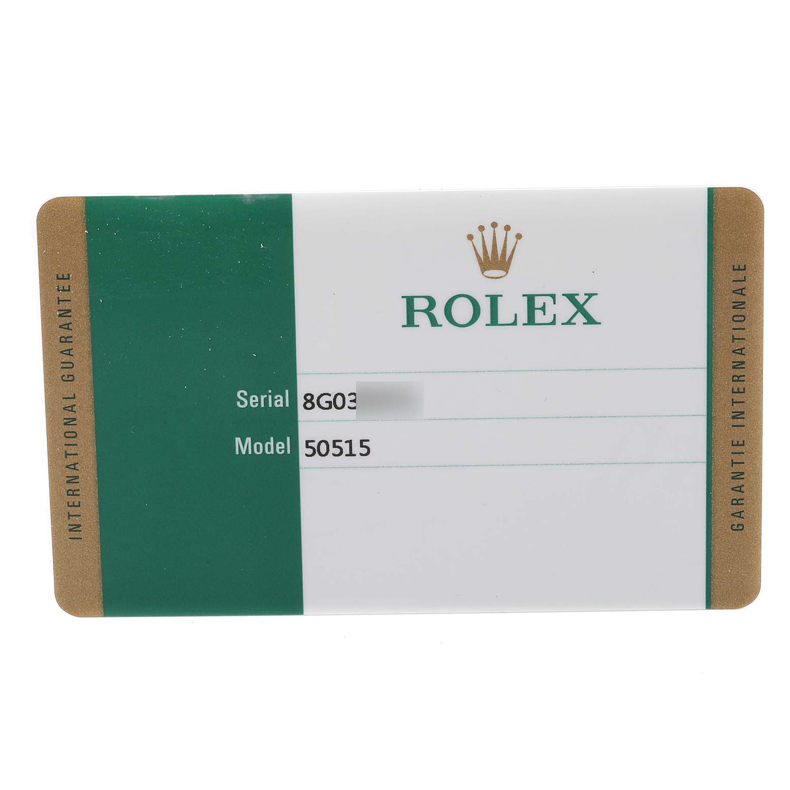 The image shows the international guarantee card for the Rolex Cellini 50515 Men's Rose Gold Black Dial 50515 Men's Rose Gold Black Dial model 50515.