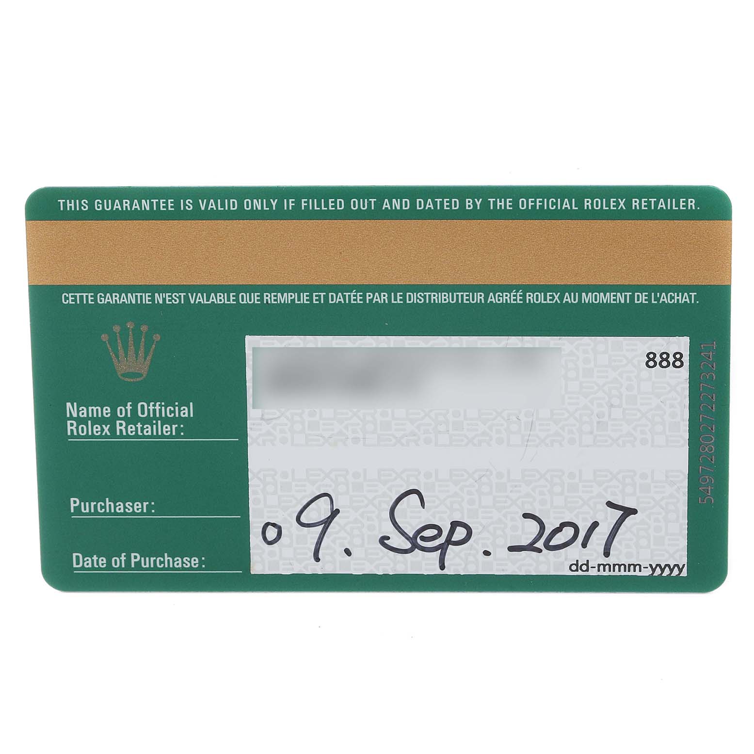 This image shows a warranty card for the Rolex Cellini 50515 Men's Rose Gold Black Dial 50515 Men's Rose Gold Black Dial model, featuring purchase date and details about the official retailer.