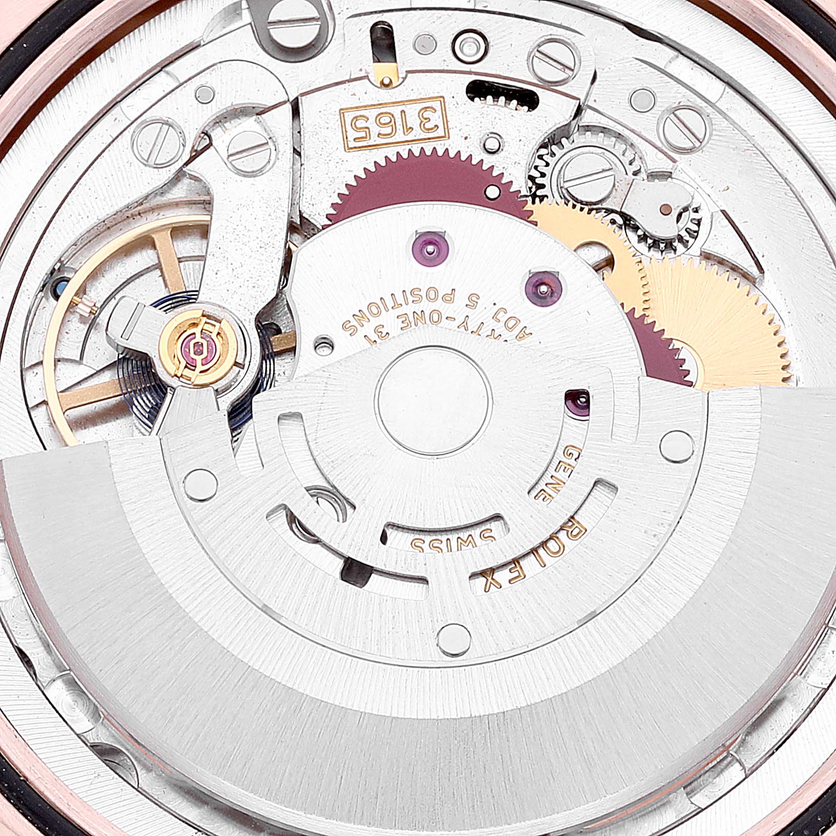 The image shows the intricate inner mechanical parts of a Rolex Cellini 50515 Men's Rose Gold Black Dial 50515 Men's Rose Gold Black Dial watch from a close-up angle.