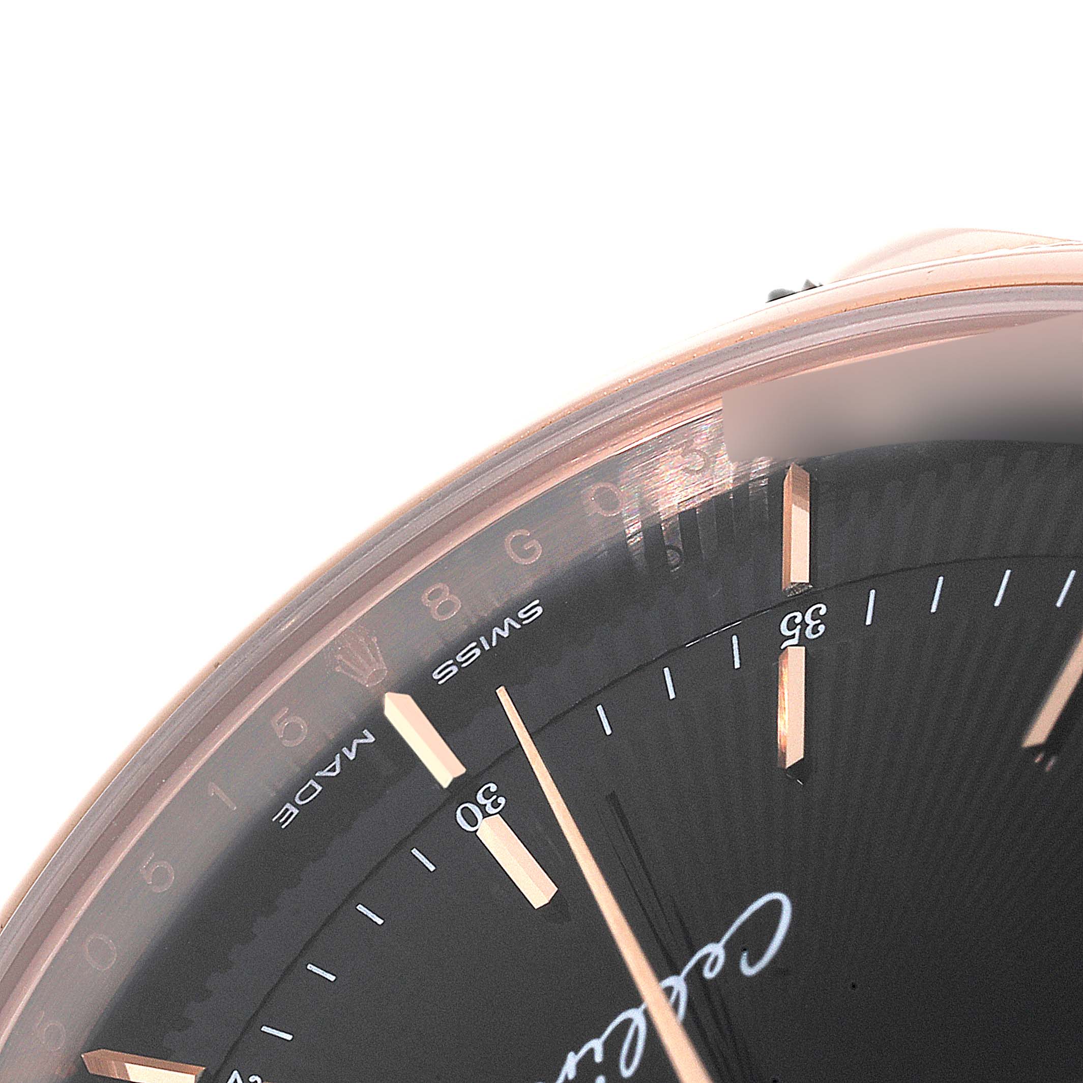 The image shows a close-up of the dial and part of the bezel of a Rolex Cellini 50515 Men's Rose Gold Black Dial 50515 Men's Rose Gold Black Dial watch.