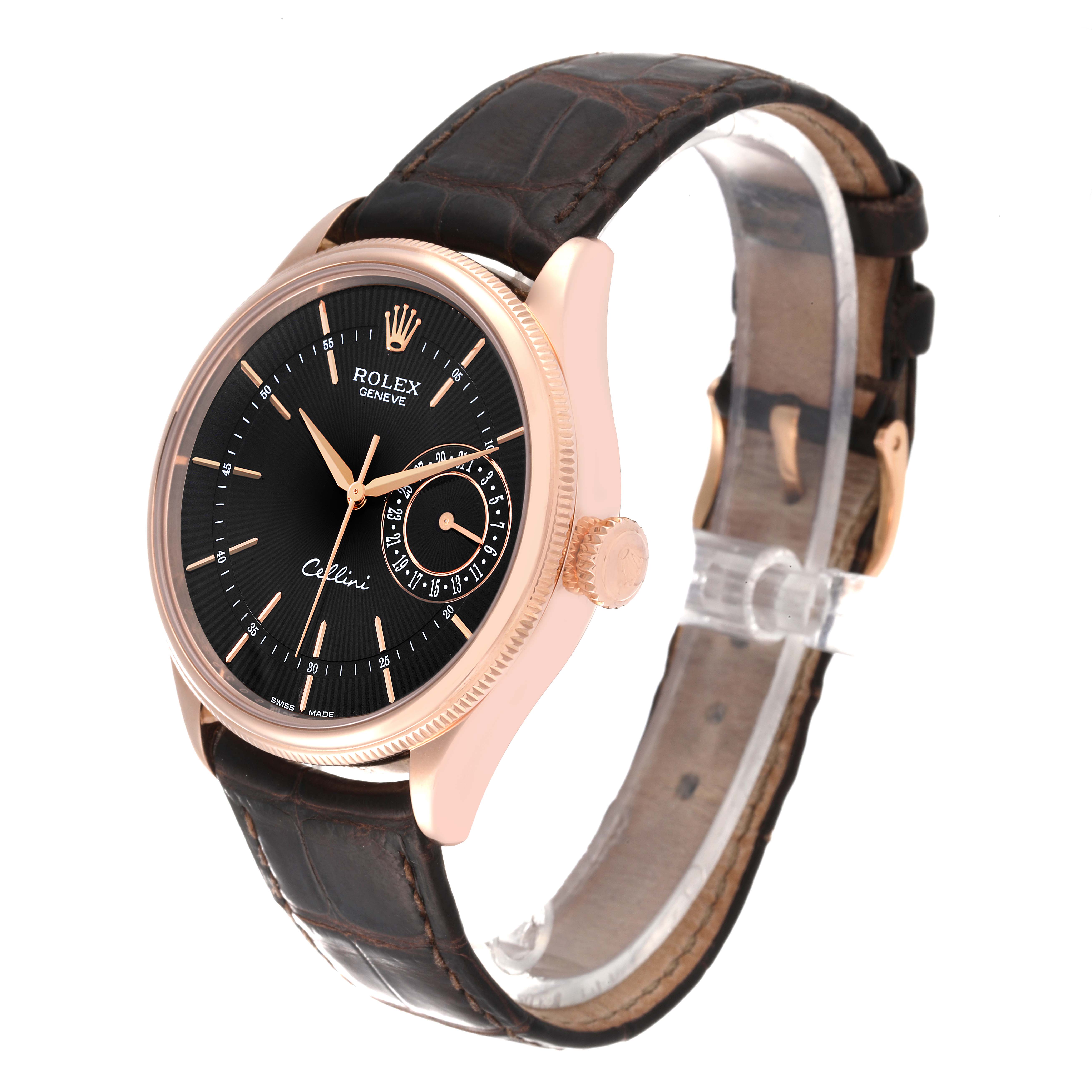 This Rolex Cellini 50515 Men's Rose Gold Black Dial 50515 Men's Rose Gold Black Dial watch is shown from an angle that highlights the face, crown, and brown leather strap.