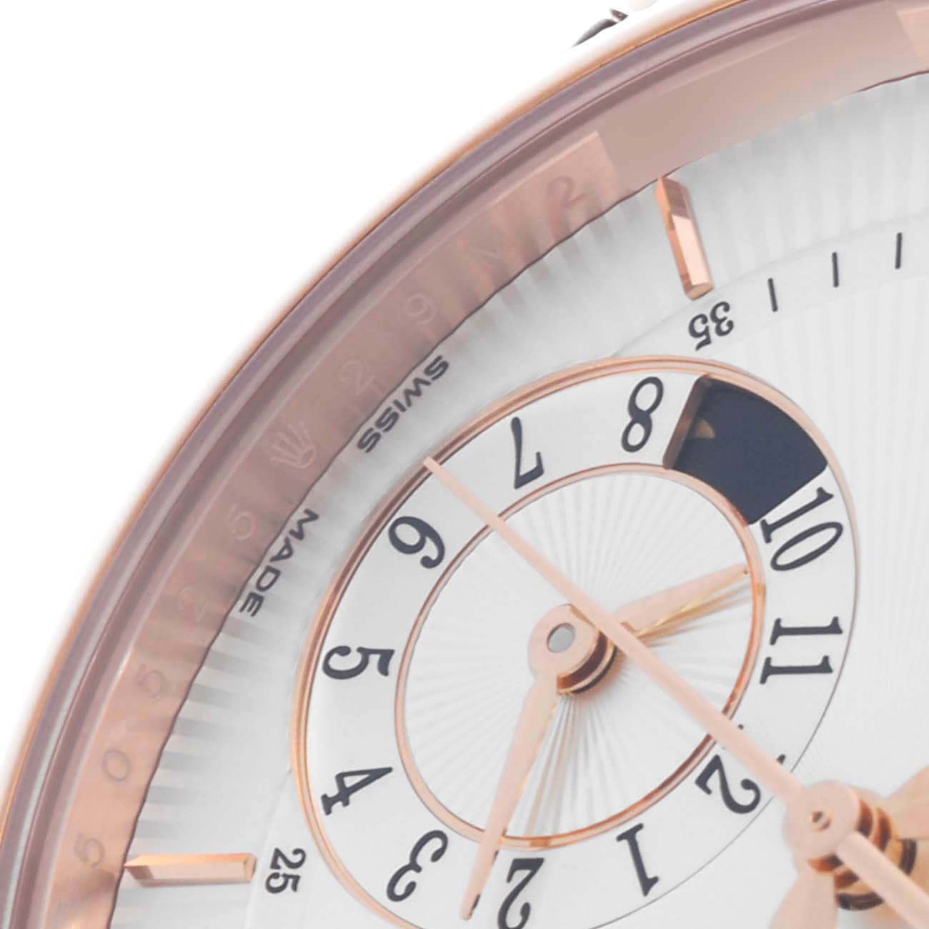 This image shows a close-up of the Rolex Cellini 50525 Men's Rose Gold Silver Dial 50525 Men's Rose Gold Silver Dial watch face from an angled top-down perspective, highlighting the dial and hands.