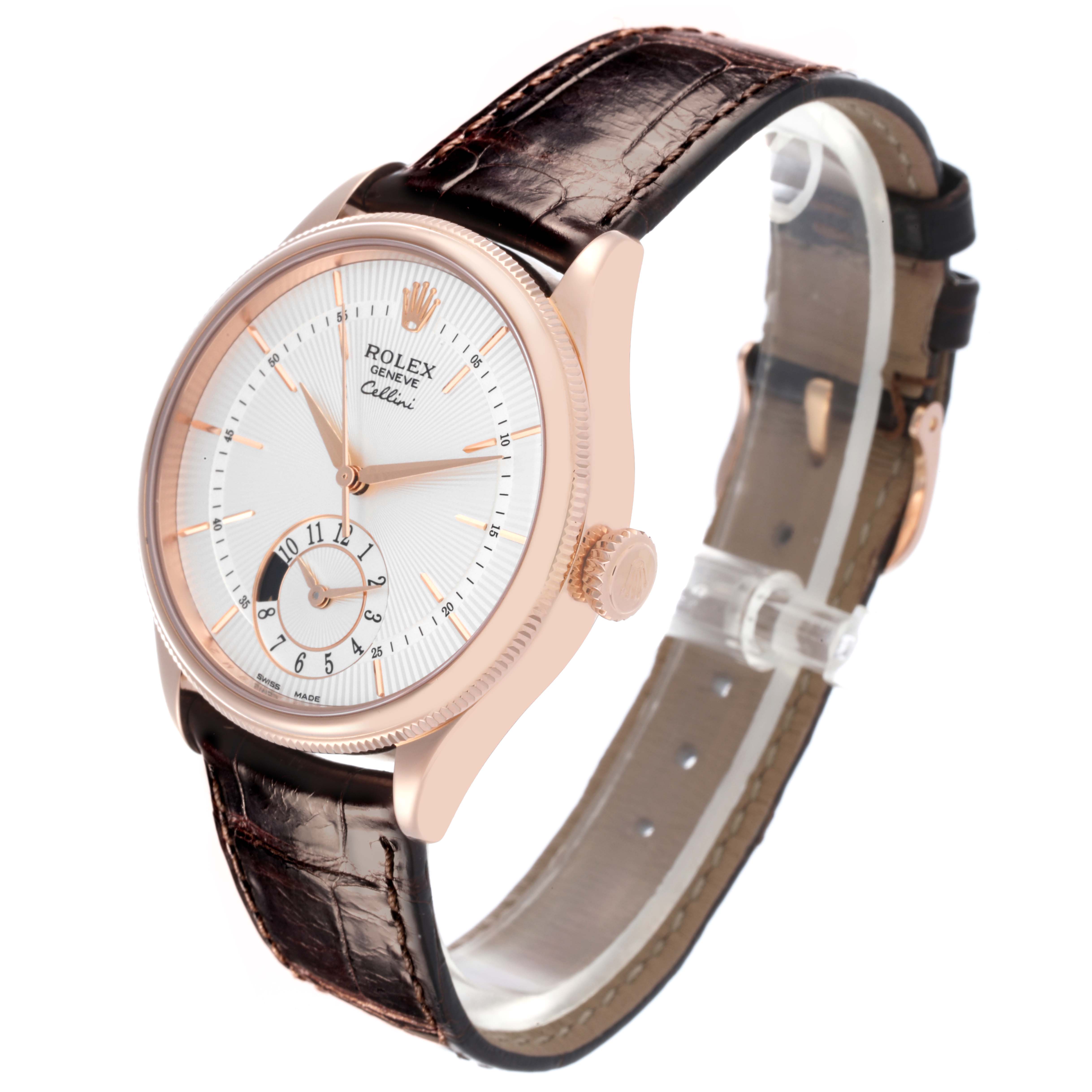 The Rolex Cellini 50525 Men's Rose Gold Silver Dial 50525 Men's Rose Gold Silver Dial watch is shown at a three-quarter angle, highlighting its dial, crown, and leather strap.