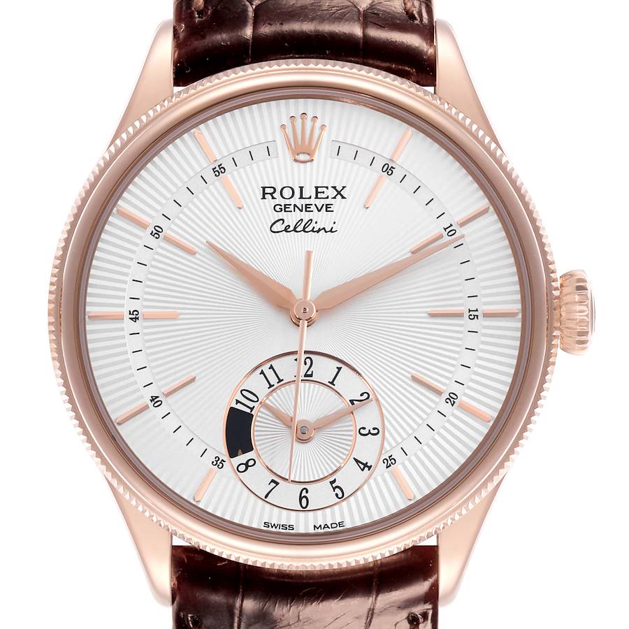 The Rolex Cellini watch is shown from the front, highlighting the dial, hands, crown, and leather strap.