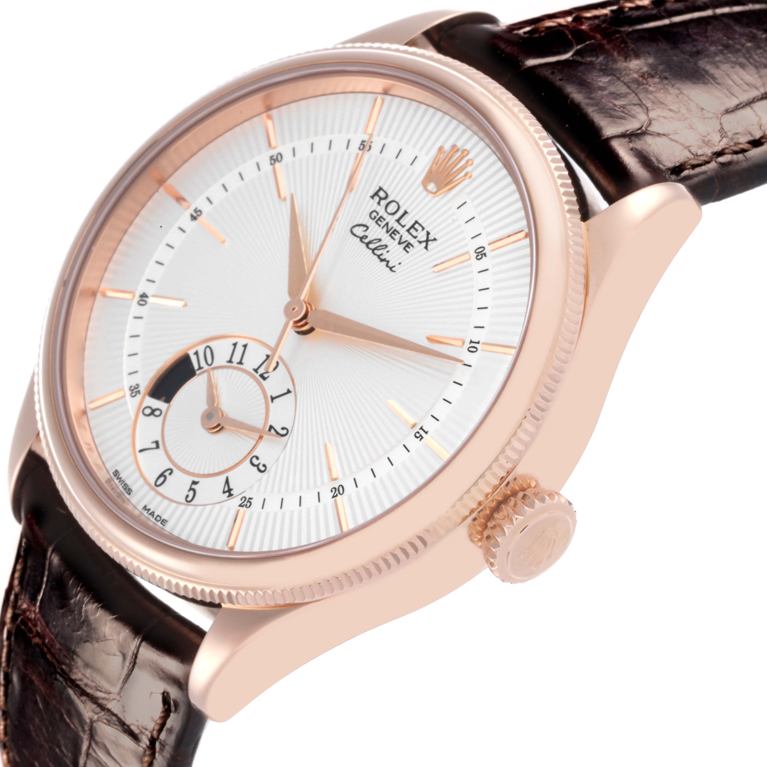 The Rolex Cellini 50525 Men's Rose Gold Silver Dial 50525 Men's Rose Gold Silver Dial watch is shown from a side angle, displaying the dial, crown, and part of the leather strap.