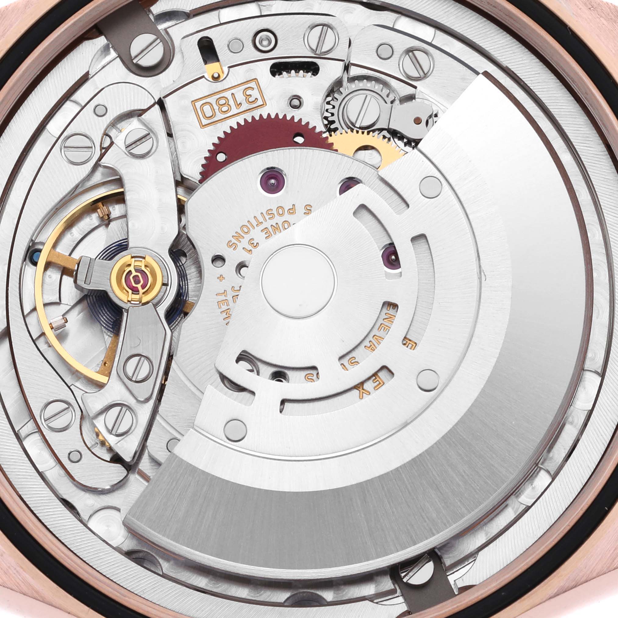 The image shows the intricate movement mechanism of a Rolex Cellini 50525 Men's Rose Gold Silver Dial 50525 Men's Rose Gold Silver Dial watch from a rear angle.