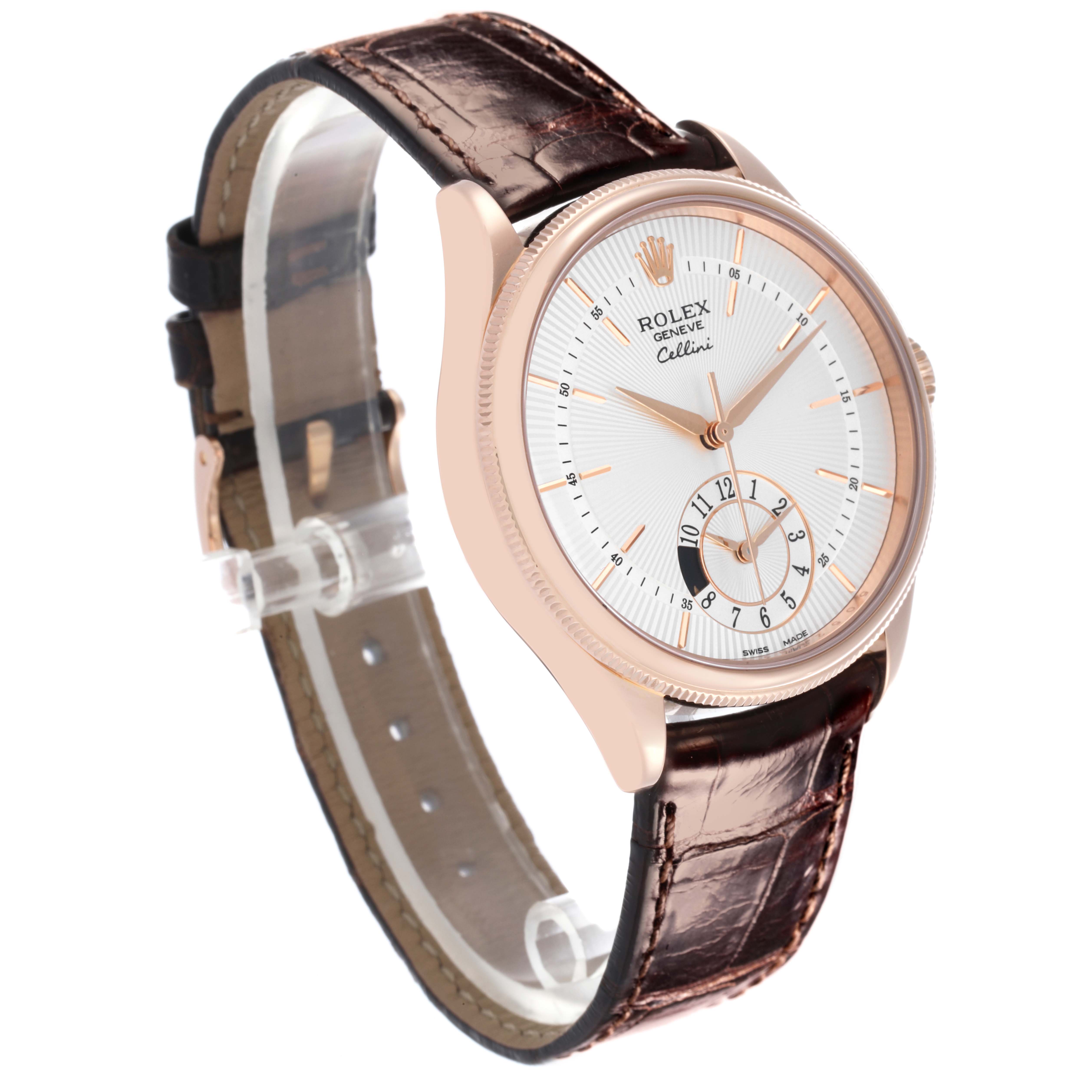 The Rolex Cellini 50525 Men's Rose Gold Silver Dial 50525 Men's Rose Gold Silver Dial watch is shown at an angled side view, highlighting the dial, case, and leather strap.