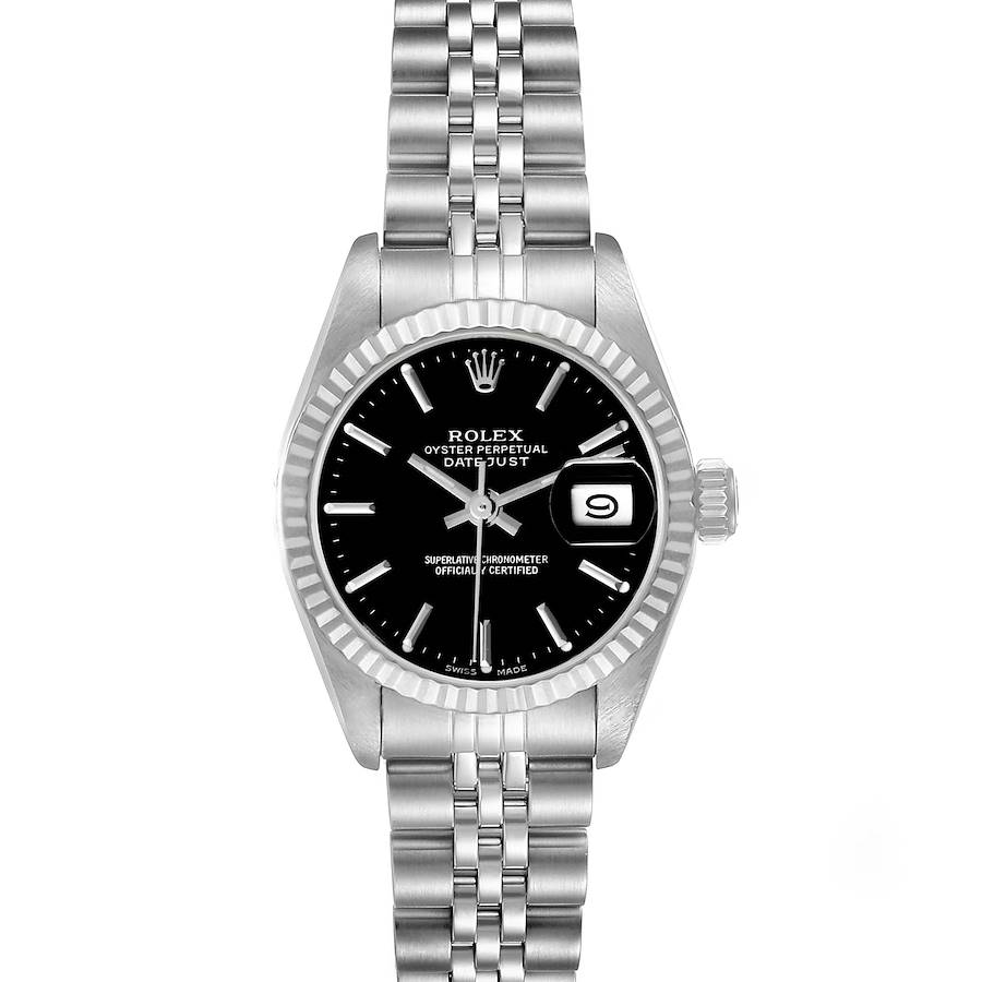 The Rolex Datejust watch is shown from a front angle, displaying its face, bezel, crown, and bracelet.