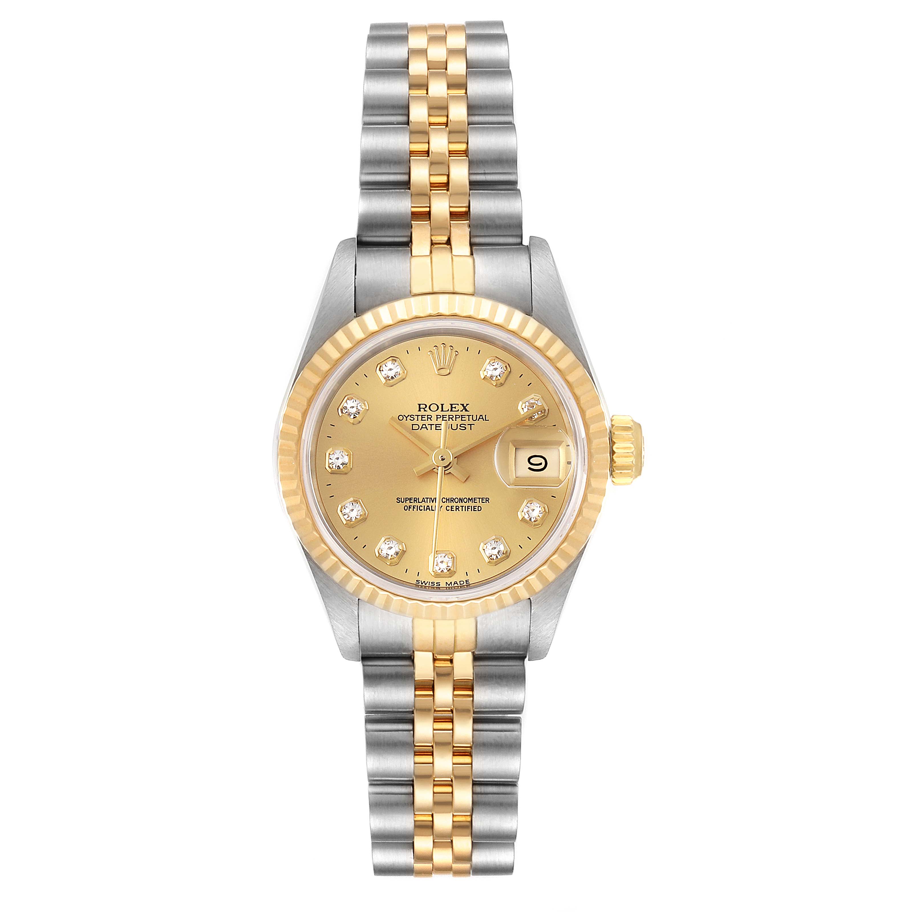 The image shows a frontal view of the Rolex Datejust 69173 Women
s Steel and Gold (two tone) Champagne Dial 69173 Women
s Steel and Gold (two tone) Champagne Dial watch, displaying its dial, bezel, and bracelet.