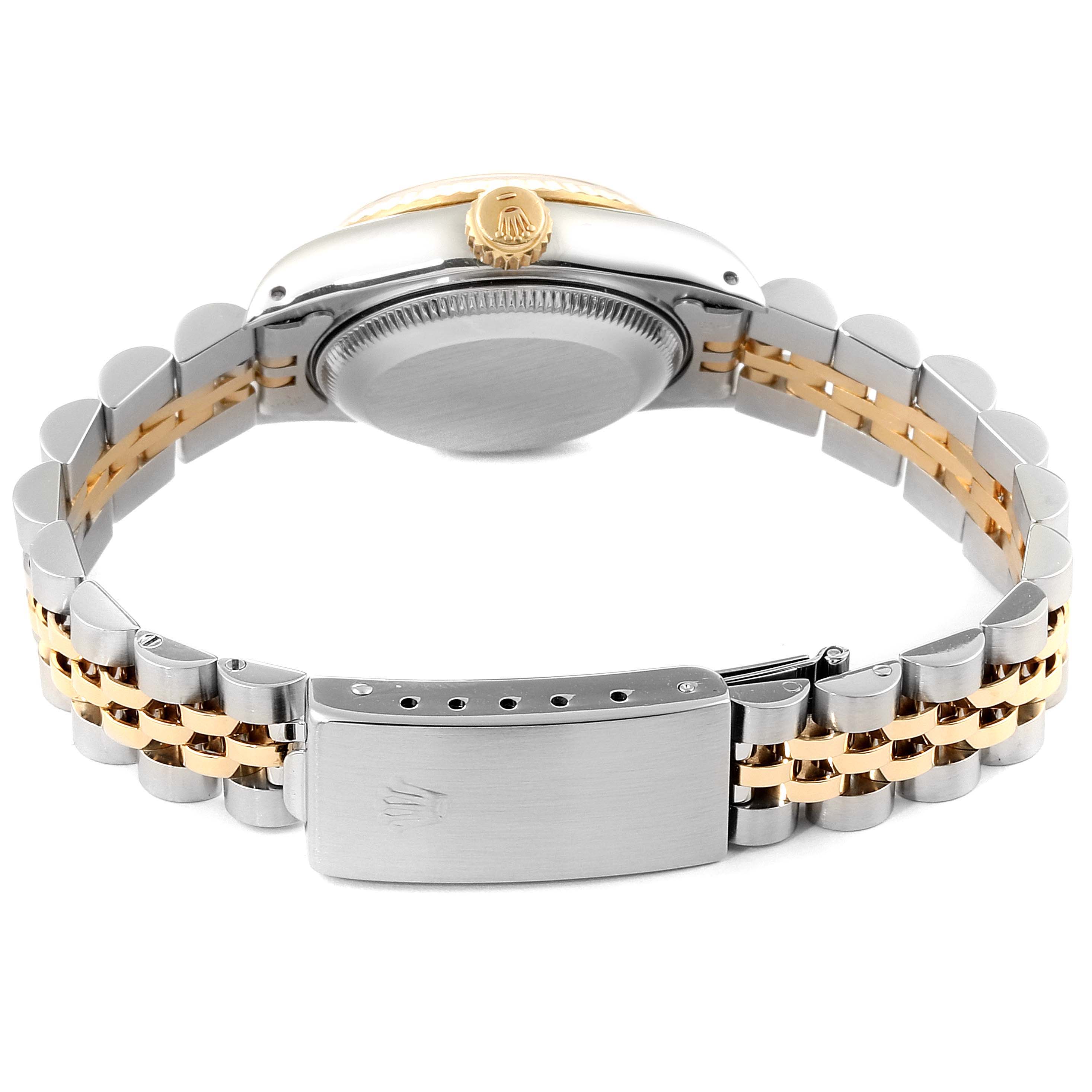 The image shows the back view of a Rolex Datejust 69173 Women
s Steel and Gold (two tone) Champagne Dial 69173 Women
s Steel and Gold (two tone) Champagne Dial watch, highlighting the clasp, bracelet, and case back.