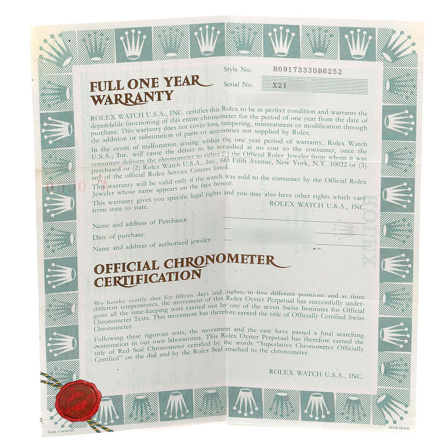 This image shows the warranty and chronometer certification for a Rolex Datejust 69173 Women
s Steel and Gold (two tone) Champagne Dial 69173 Women
s Steel and Gold (two tone) Champagne Dial watch.