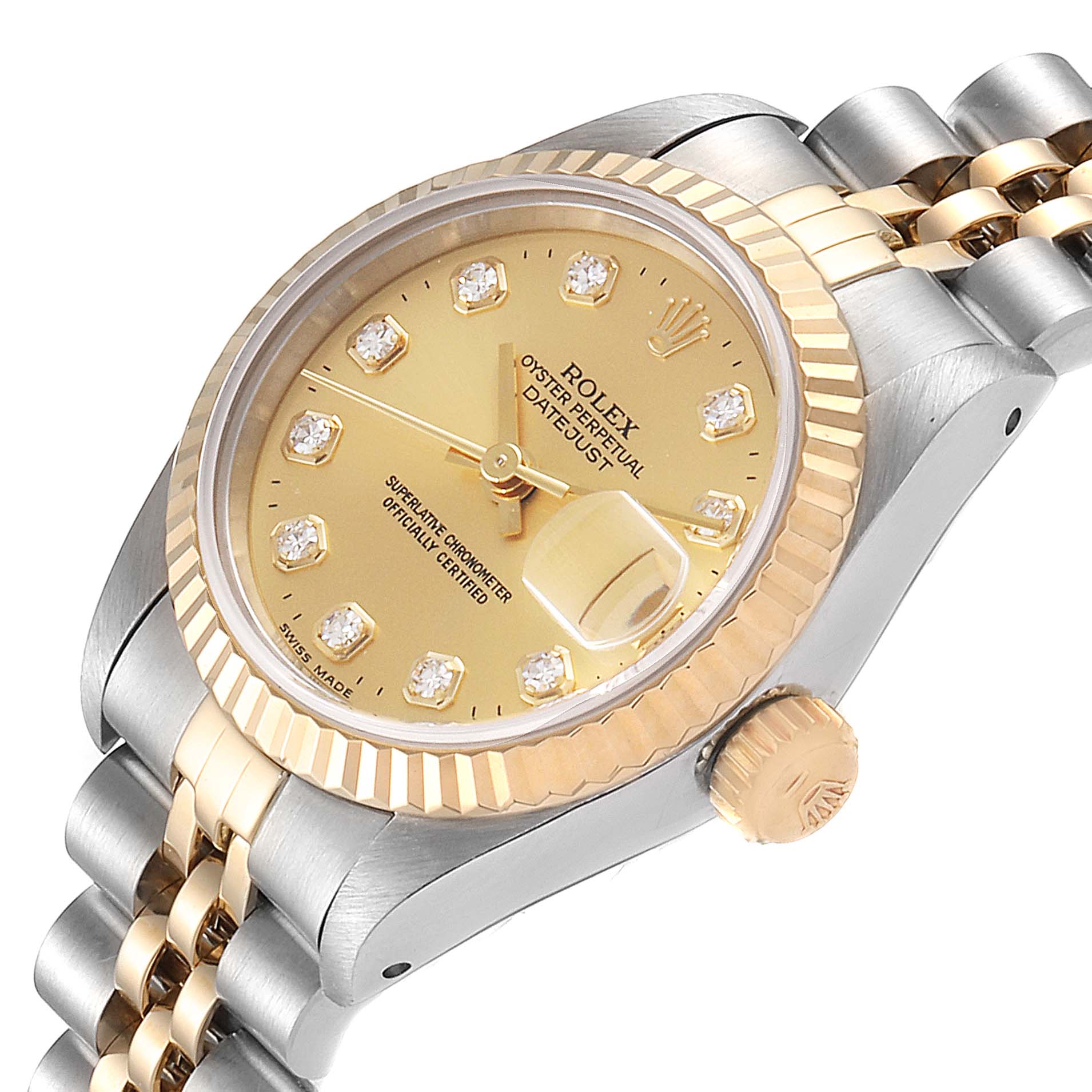 The image shows a close-up angle of a Rolex Datejust 69173 Women
s Steel and Gold (two tone) Champagne Dial 69173 Women
s Steel and Gold (two tone) Champagne Dial watch, highlighting the dial, bezel, crown, and part of the bracelet.