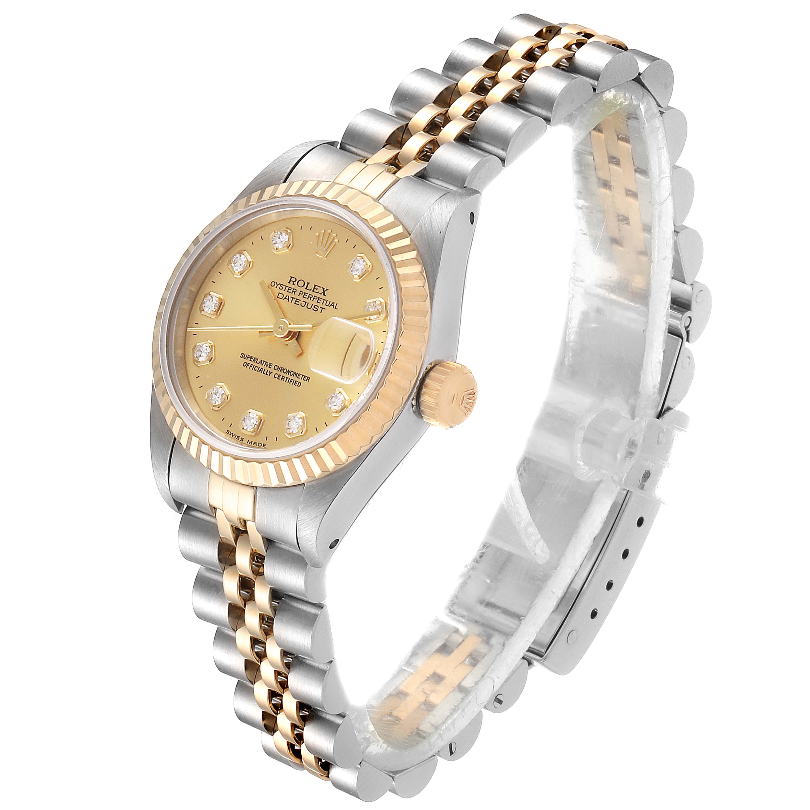 This Rolex Datejust 69173 Women
s Steel and Gold (two tone) Champagne Dial 69173 Women
s Steel and Gold (two tone) Champagne Dial model watch is shown at a three-quarter angle, displaying its face, bezel, crown, and two-tone bracelet.