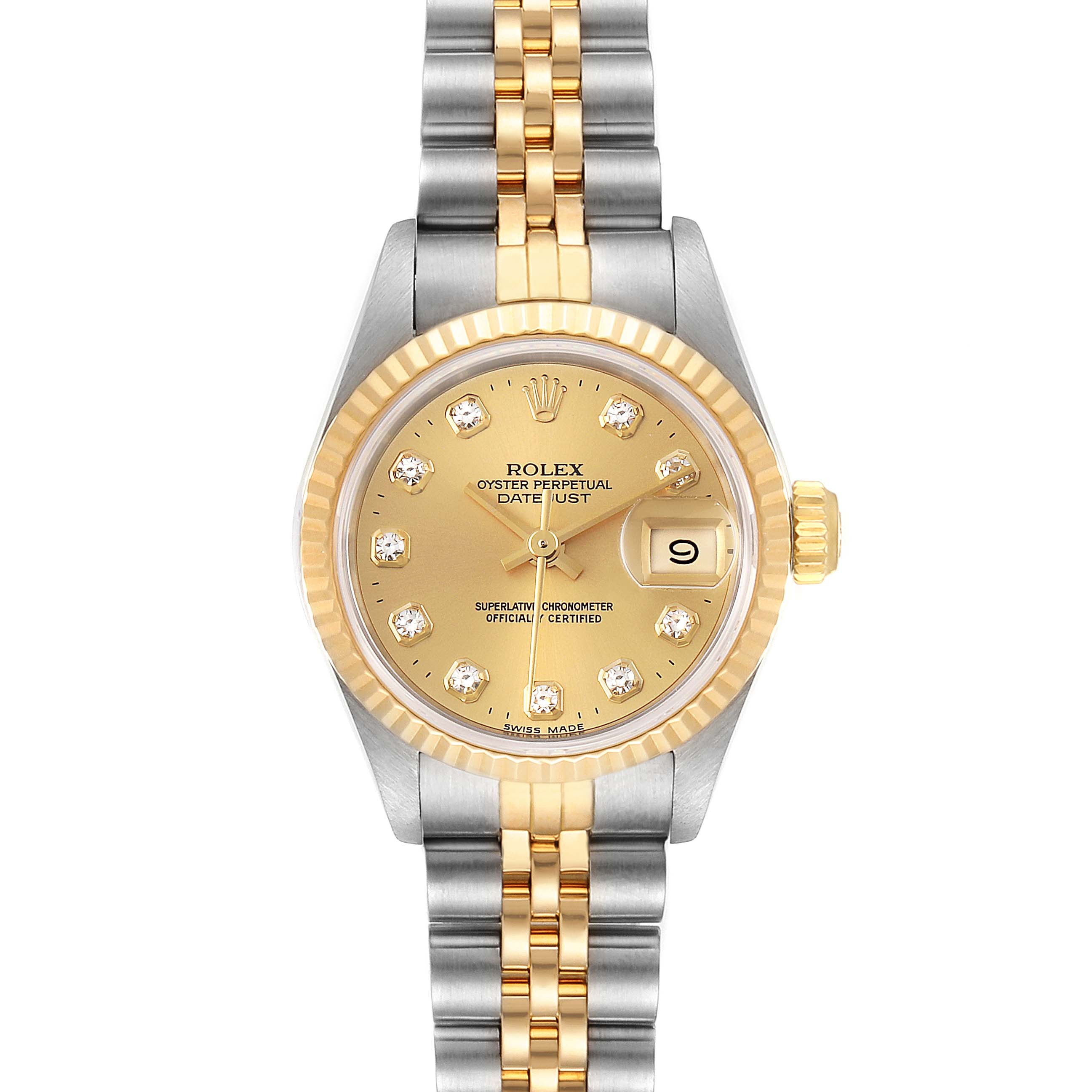 The image shows a front view of a Rolex Datejust 69173 Women
s Steel and Gold (two tone) Champagne Dial 69173 Women
s Steel and Gold (two tone) Champagne Dial watch, highlighting its gold dial, diamond markers, fluted bezel, and two-tone bracelet.