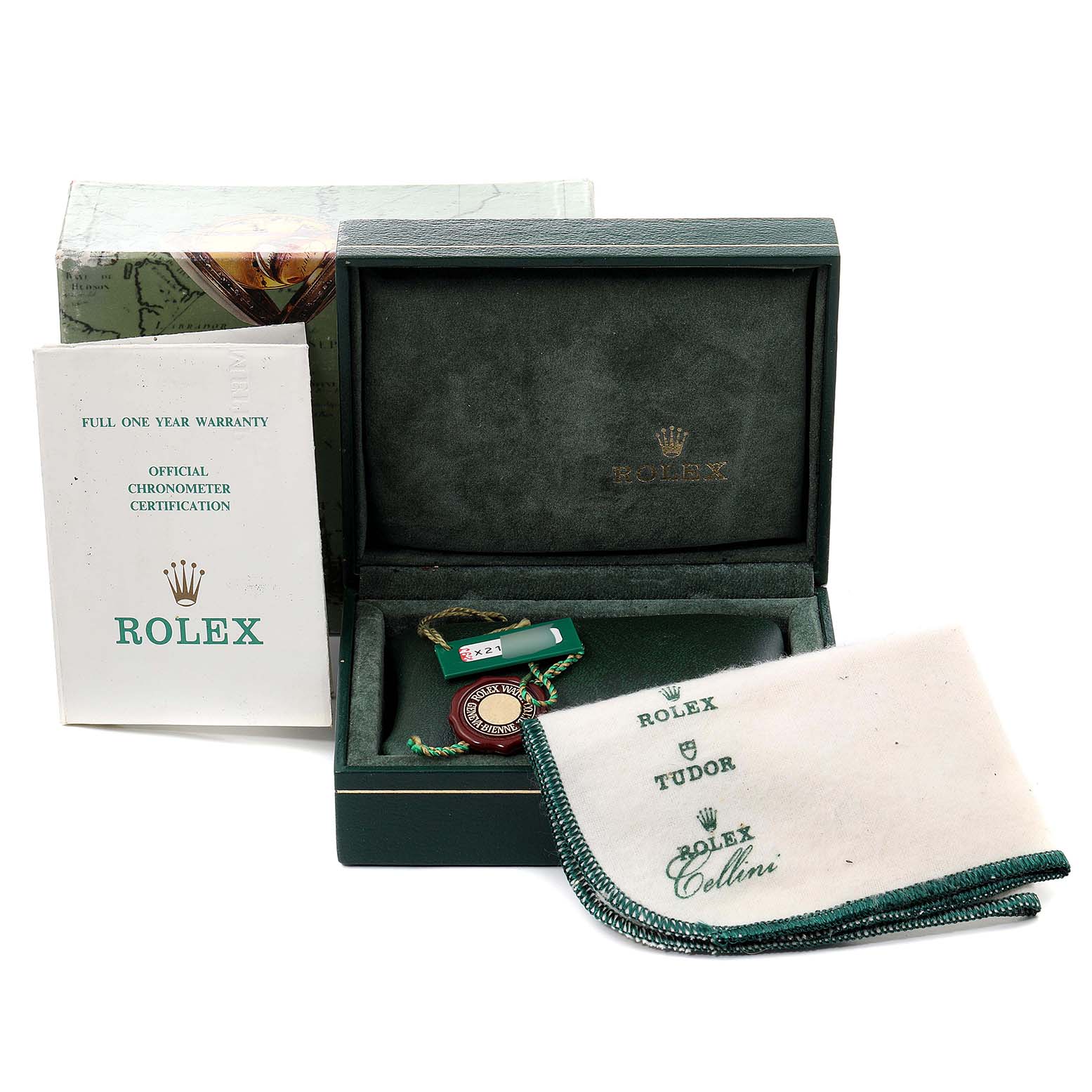 This image shows accessories for a Rolex Datejust 69173 Women
s Steel and Gold (two tone) Champagne Dial 69173 Women
s Steel and Gold (two tone) Champagne Dial watch, including a box, warranty card, tags, and a cleaning cloth.