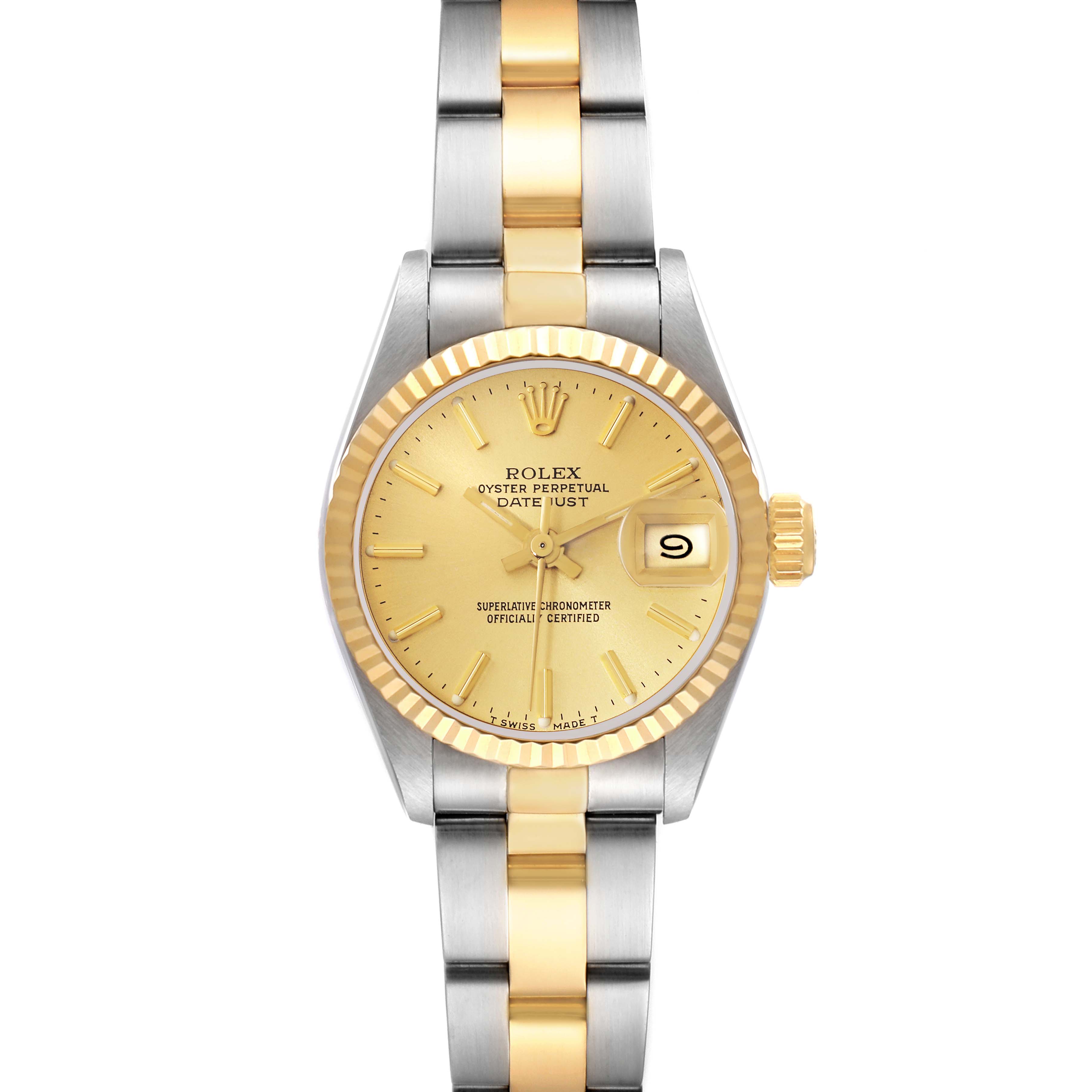 This image shows a Rolex Datejust 69173 Women's Steel and Gold (two tone) Champagne Dial 69173 Women's Steel and Gold (two tone) Champagne Dial watch from a front view, highlighting its gold-colored dial, two-tone bracelet, and date display.