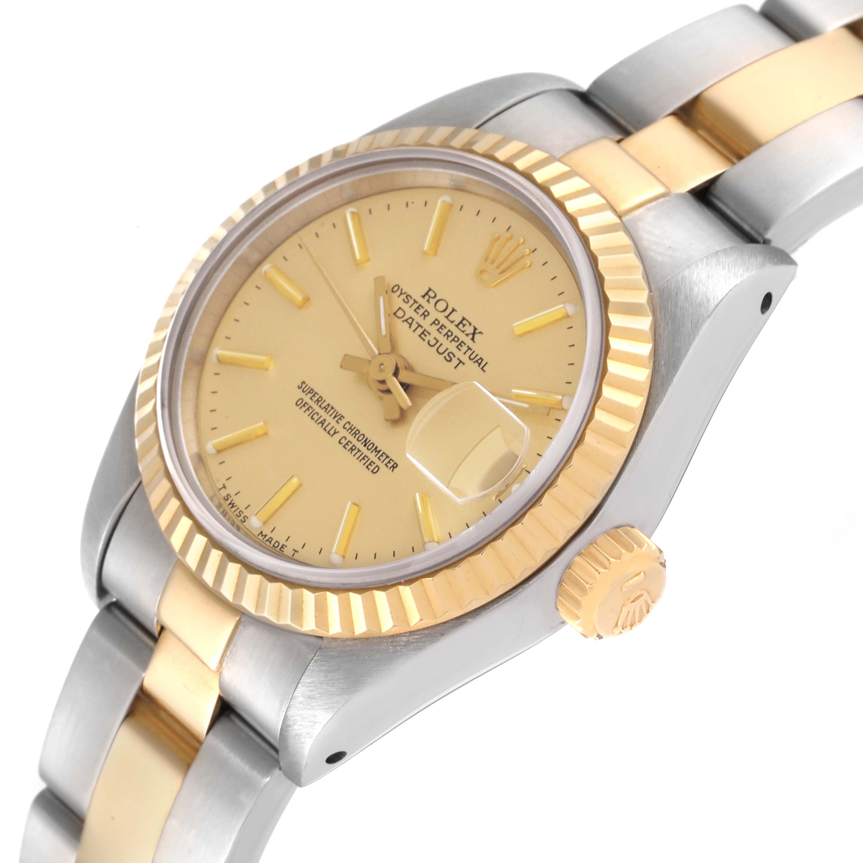 The image shows a Rolex Datejust 69173 Women's Steel and Gold (two tone) Champagne Dial 69173 Women's Steel and Gold (two tone) Champagne Dial watch at a tilted angle, highlighting the dial, bezel, and part of the bracelet.