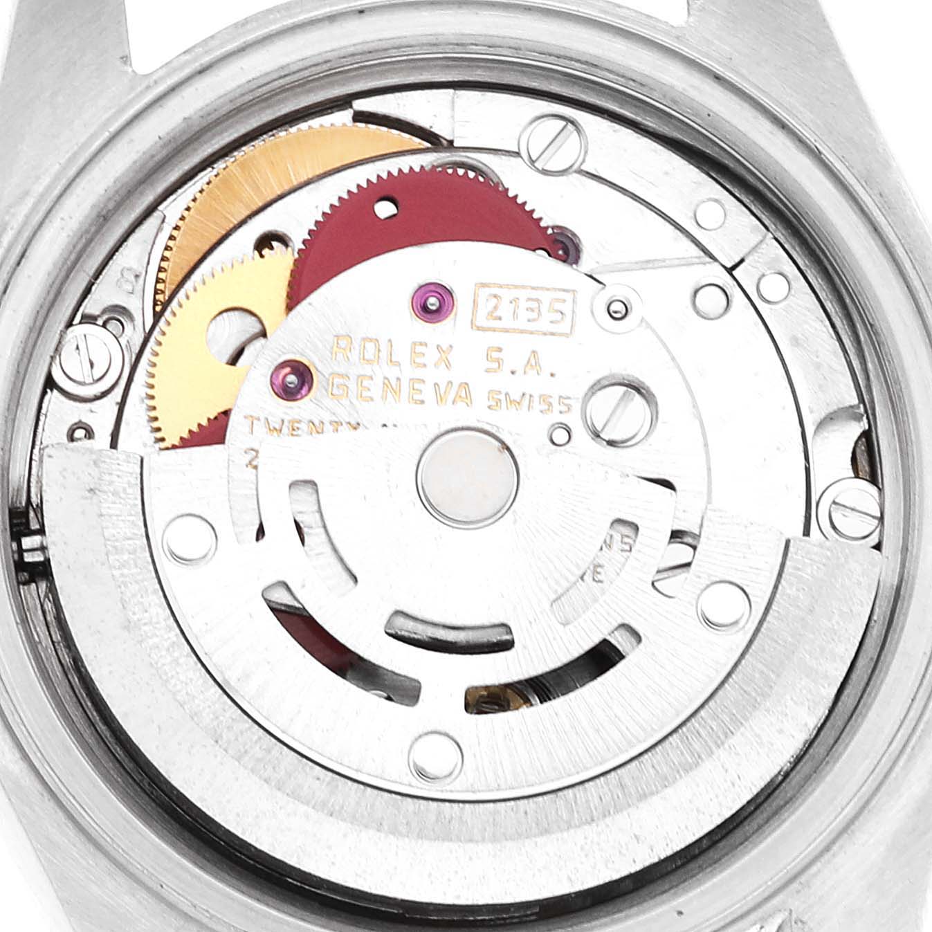 The image shows a close-up of the inner mechanism of a Rolex Datejust 69173 Women's Steel and Gold (two tone) Champagne Dial 69173 Women's Steel and Gold (two tone) Champagne Dial watch, highlighting its intricate components.