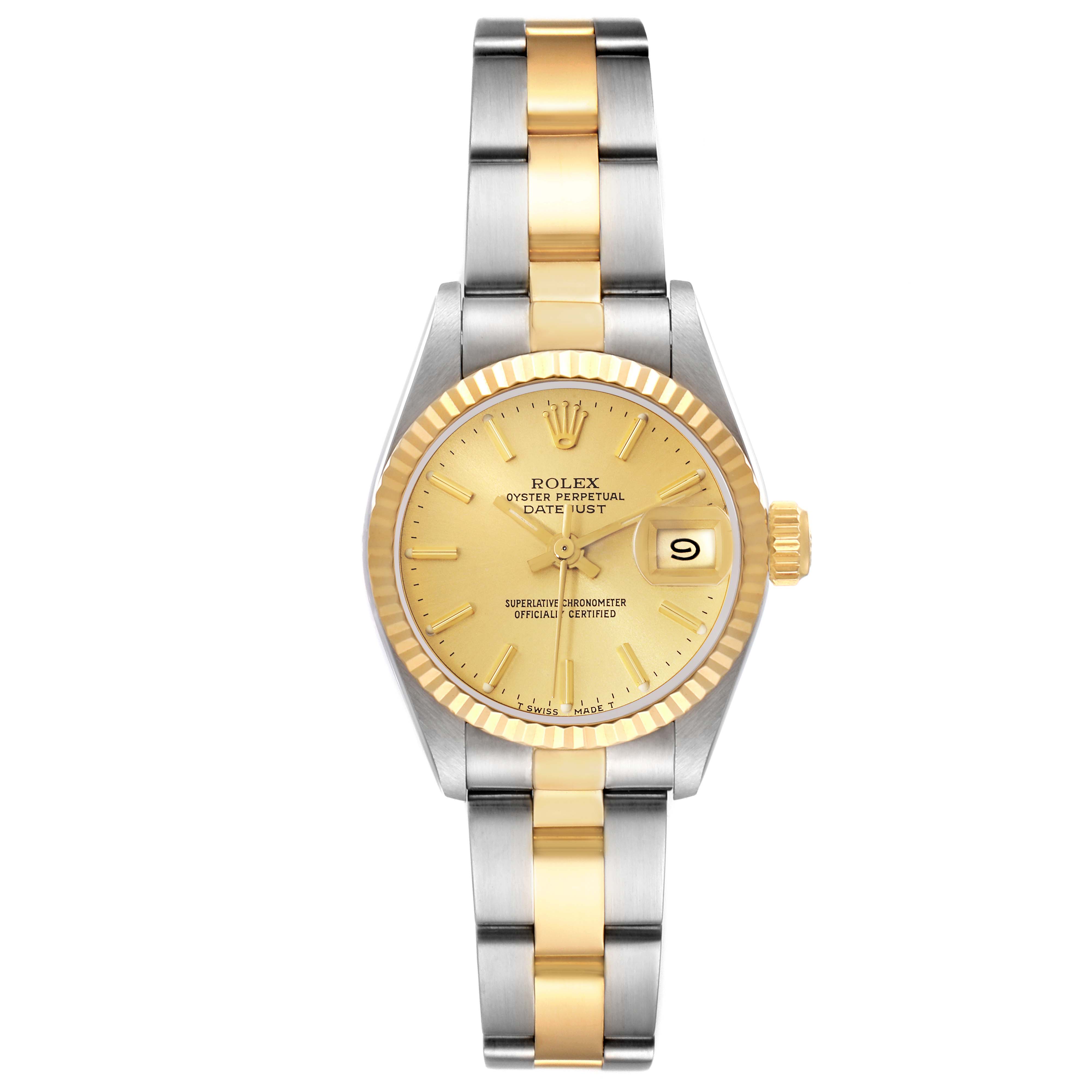 This image shows a Rolex Datejust 69173 Women's Steel and Gold (two tone) Champagne Dial 69173 Women's Steel and Gold (two tone) Champagne Dial model watch from a top-down angle, displaying the face, bezel, and bracelet.