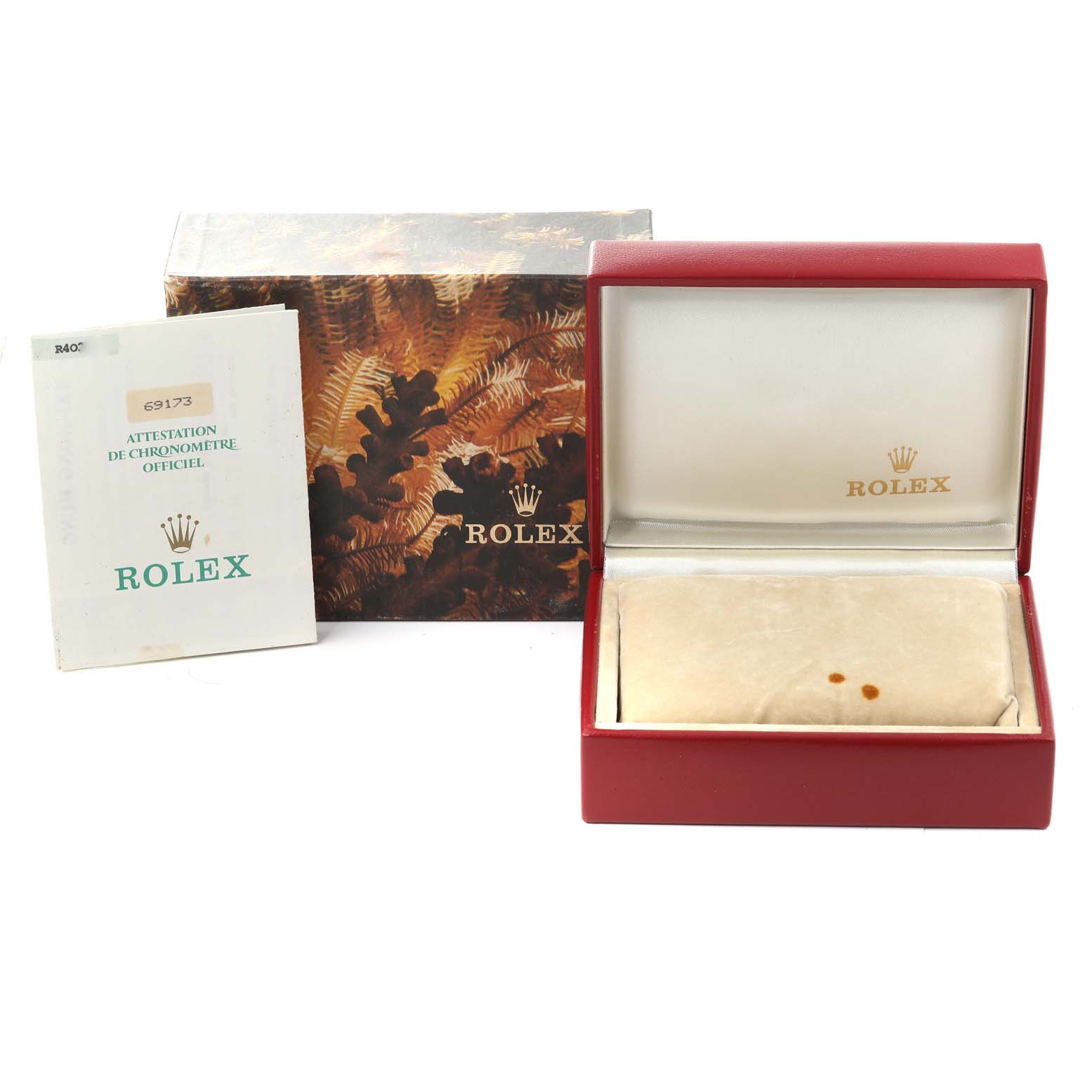 The image shows the packaging and papers for a Rolex Datejust 69173 Women's Steel and Gold (two tone) Champagne Dial 69173 Women's Steel and Gold (two tone) Champagne Dial watch, including the outer box, inner case, and certification booklet.