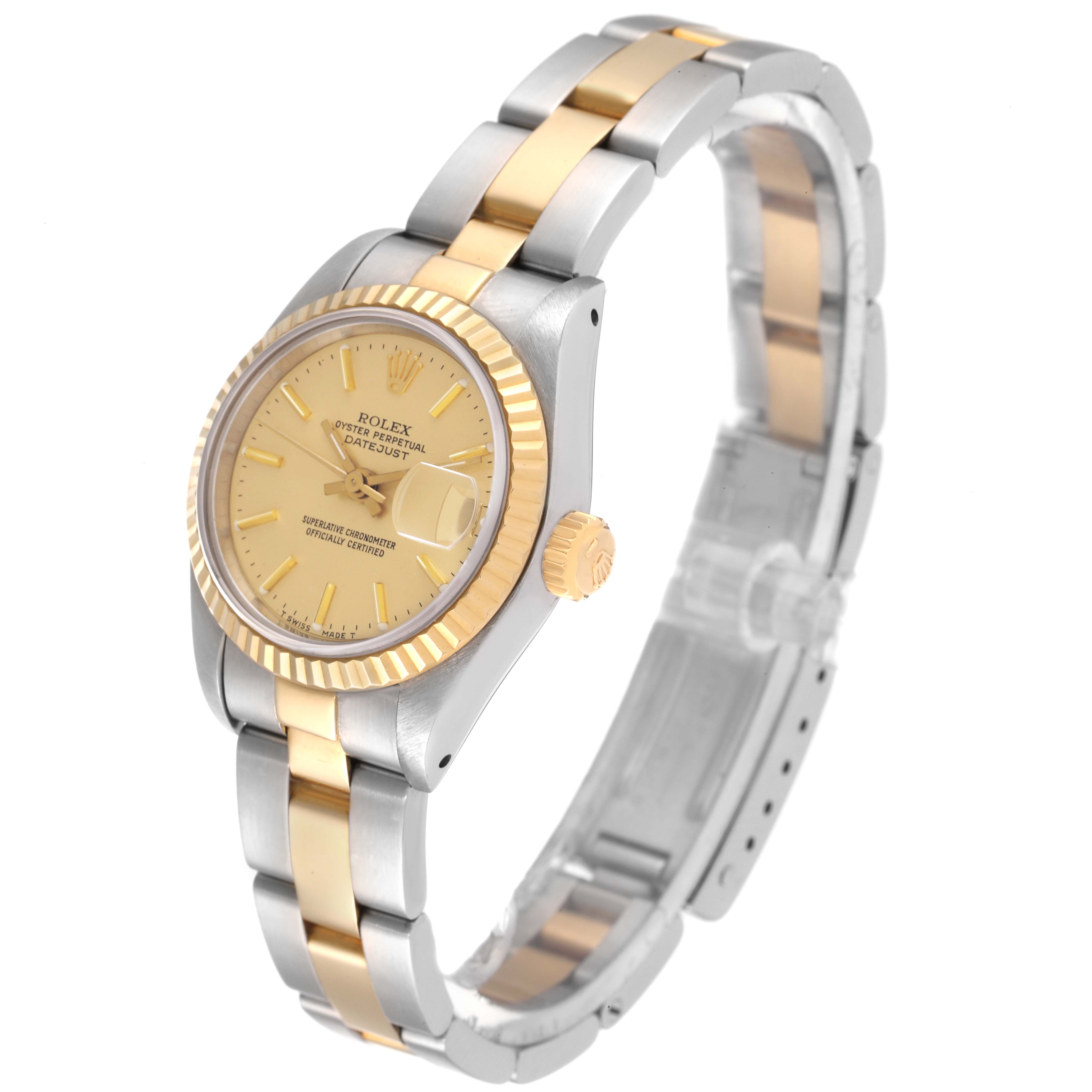 The watch is a Rolex Datejust 69173 Women's Steel and Gold (two tone) Champagne Dial 69173 Women's Steel and Gold (two tone) Champagne Dial model shown at a three-quarter angle, displaying the dial, bezel, crown, and bracelet prominently.